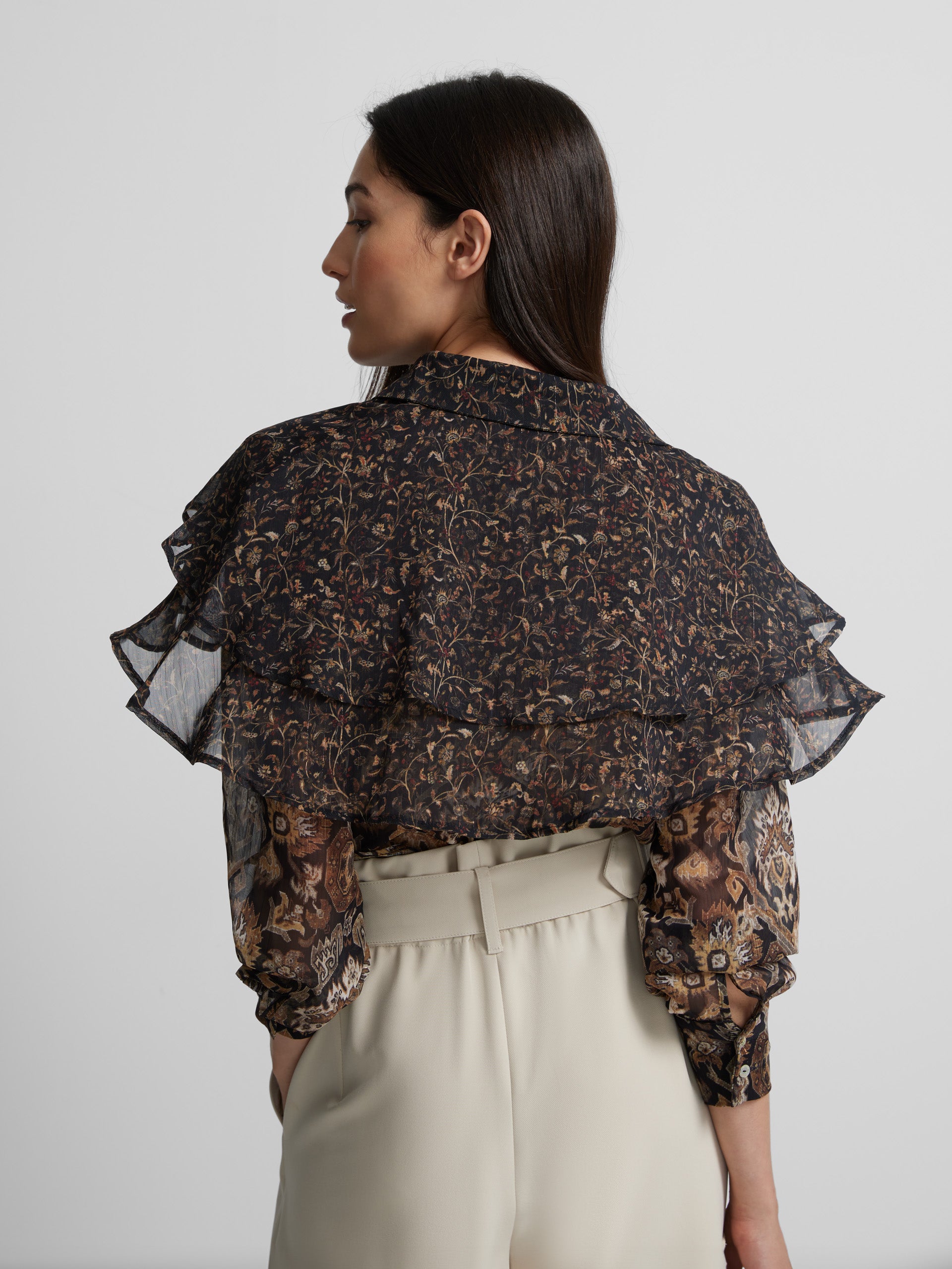 Brown printed ruffle shirt