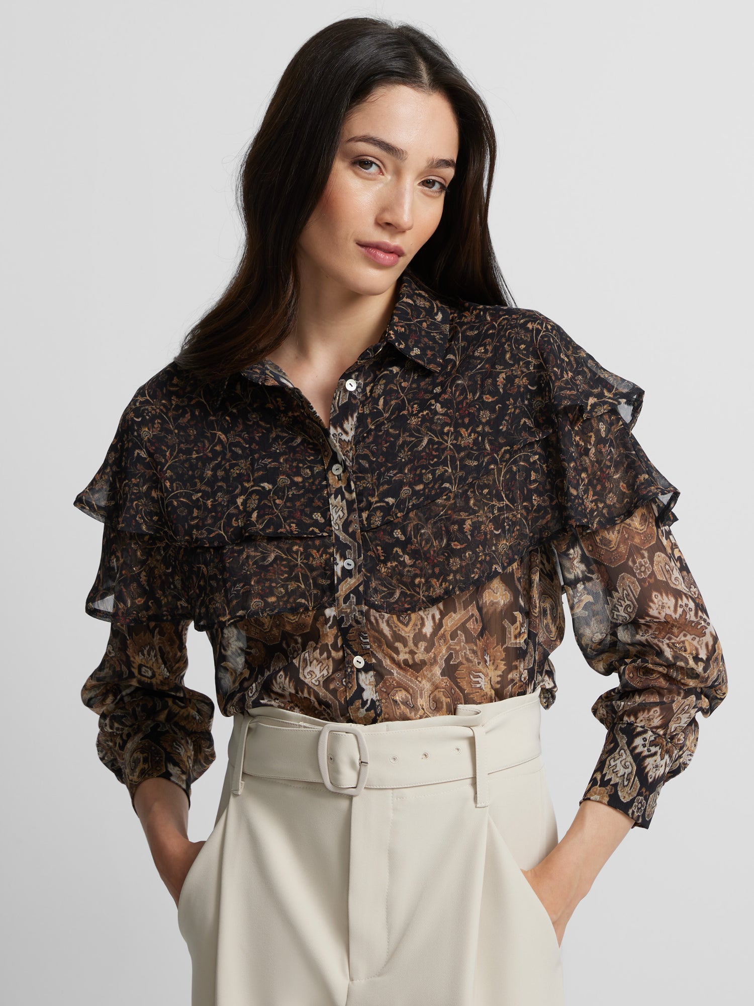 Brown printed ruffle shirt