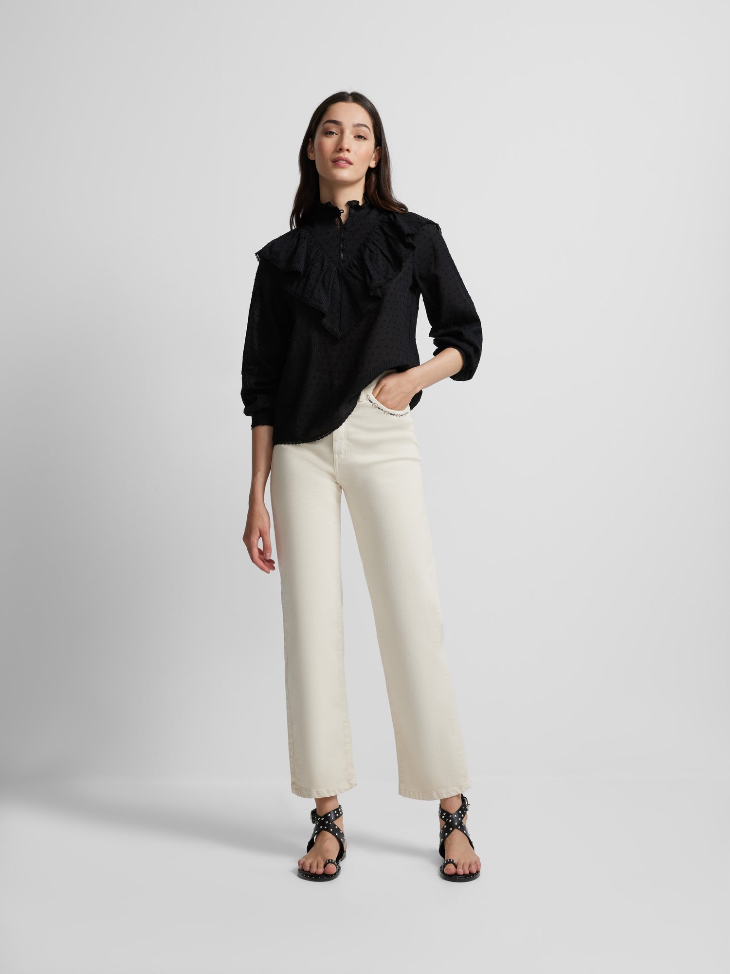 Pantalon jupe-culotte à détails bruts brodés