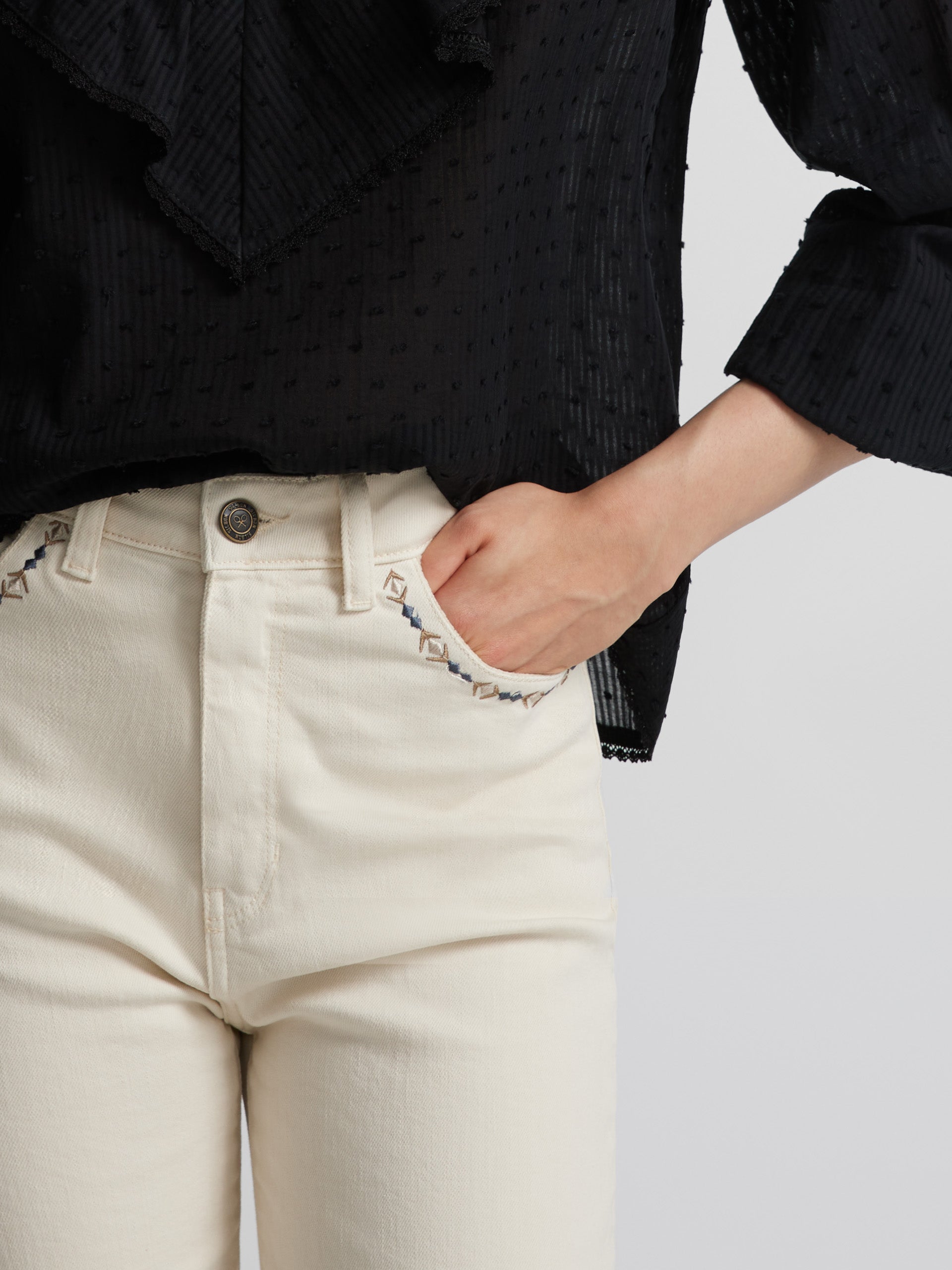 Pantalon jupe-culotte à détails bruts brodés