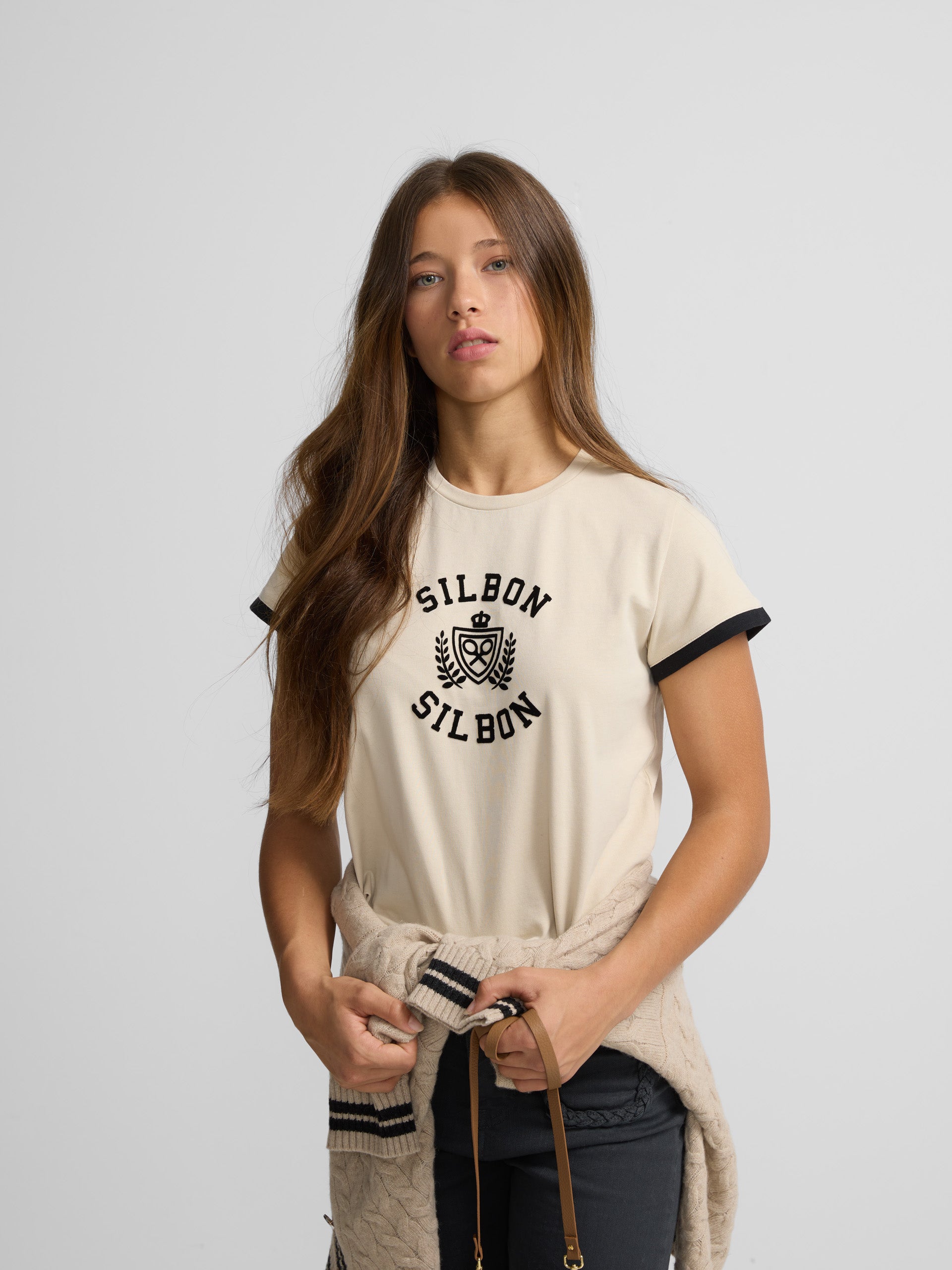 Women's beige shield t-shirt