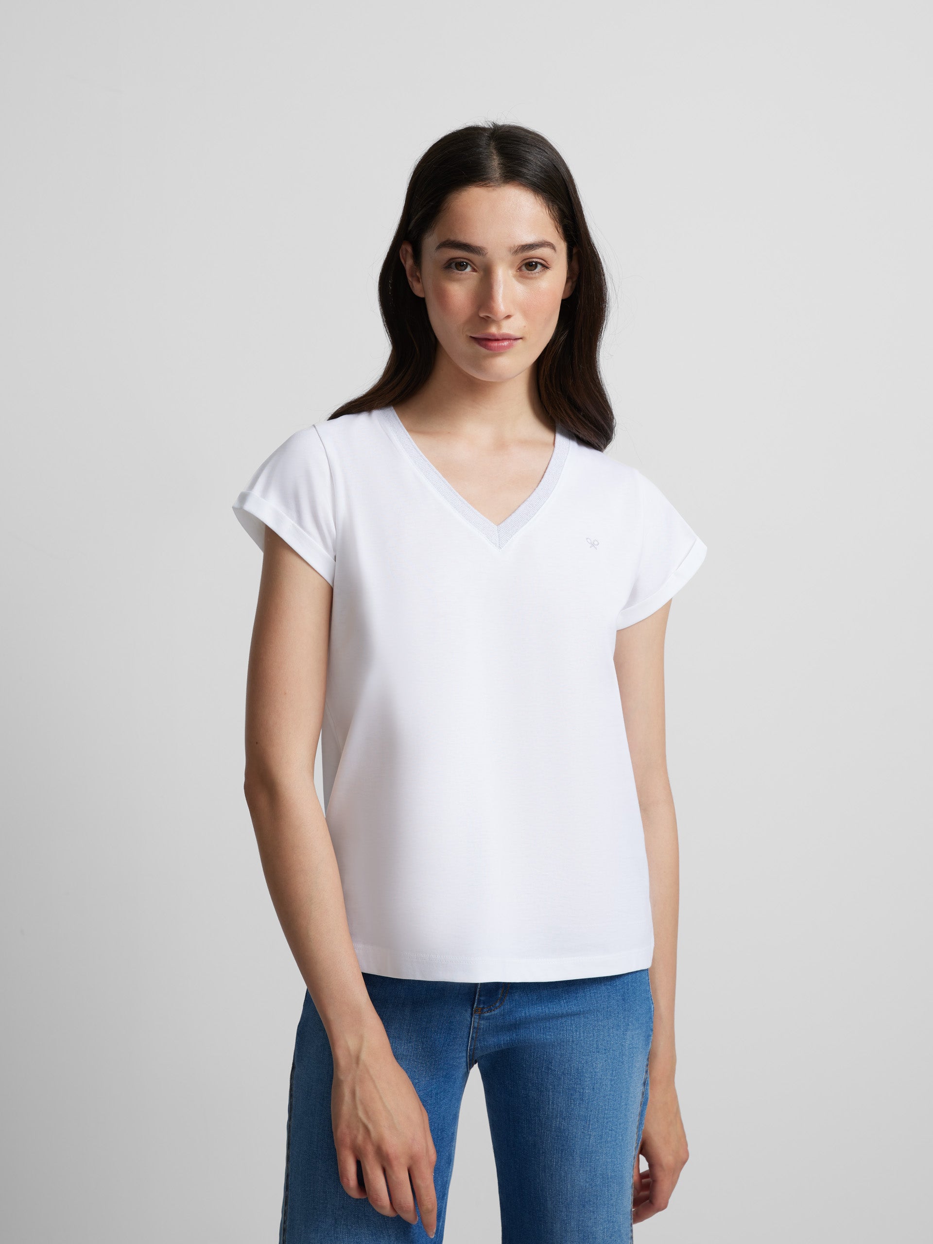 Tee-shirt femme blanc détail col V