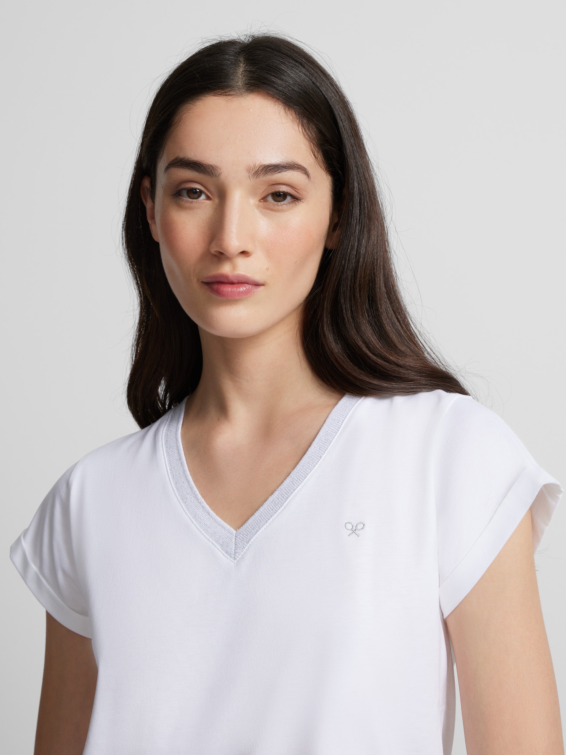 Tee-shirt femme blanc détail col V