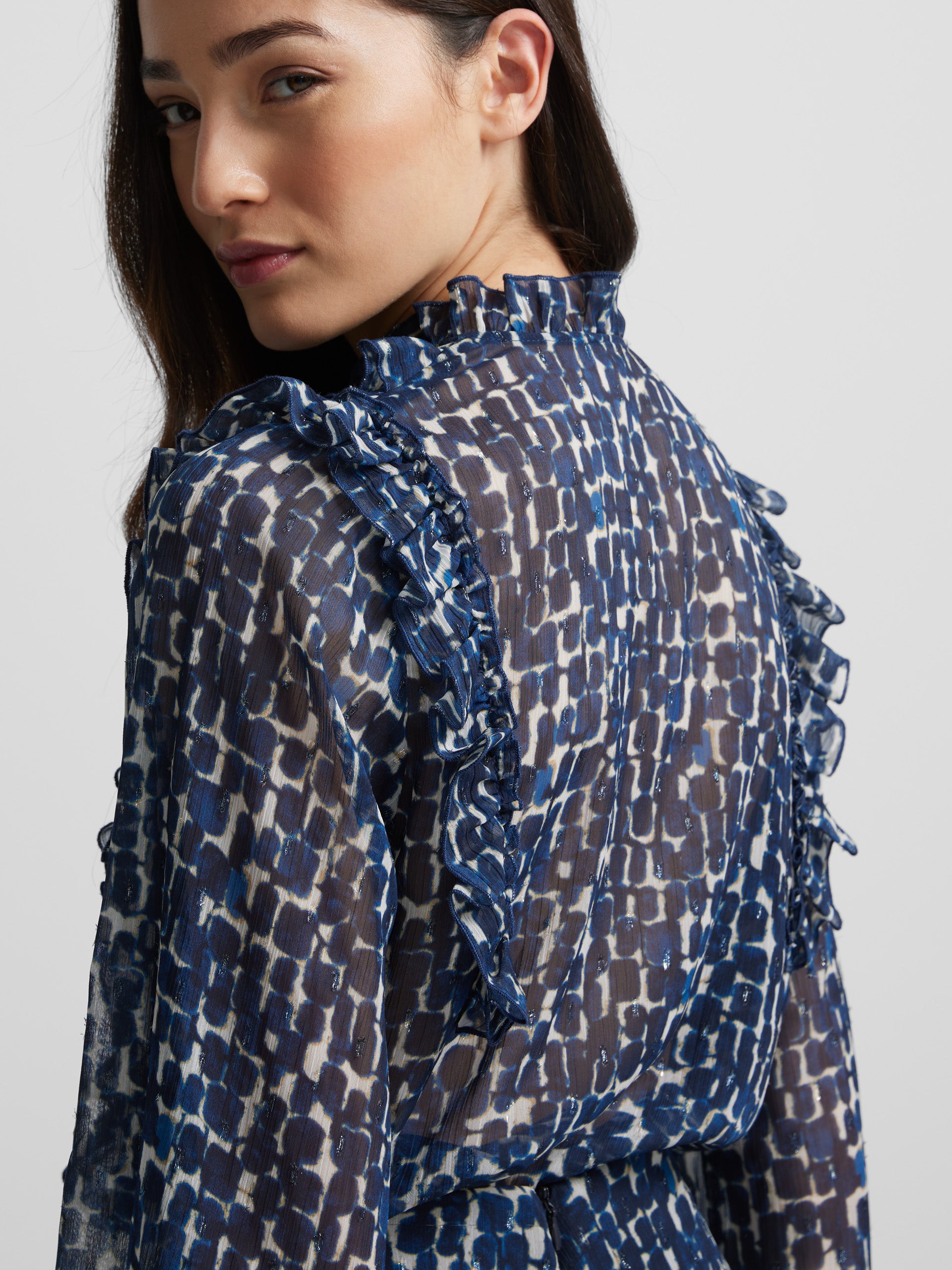 Blue printed ruffle blouse