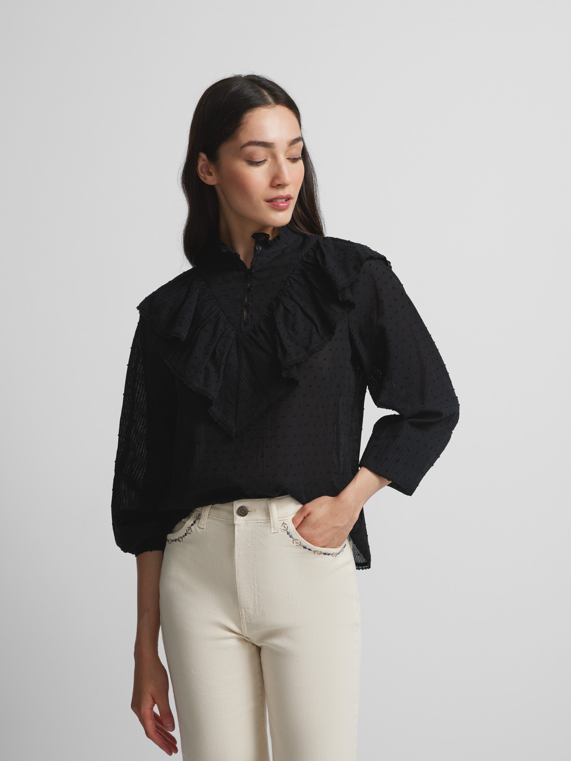 Black ruffle embroidered blouse