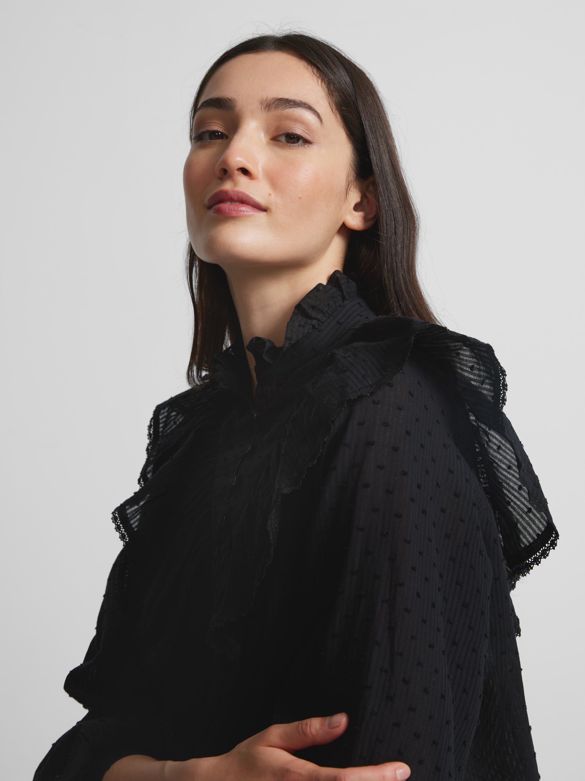 Black ruffle embroidered blouse