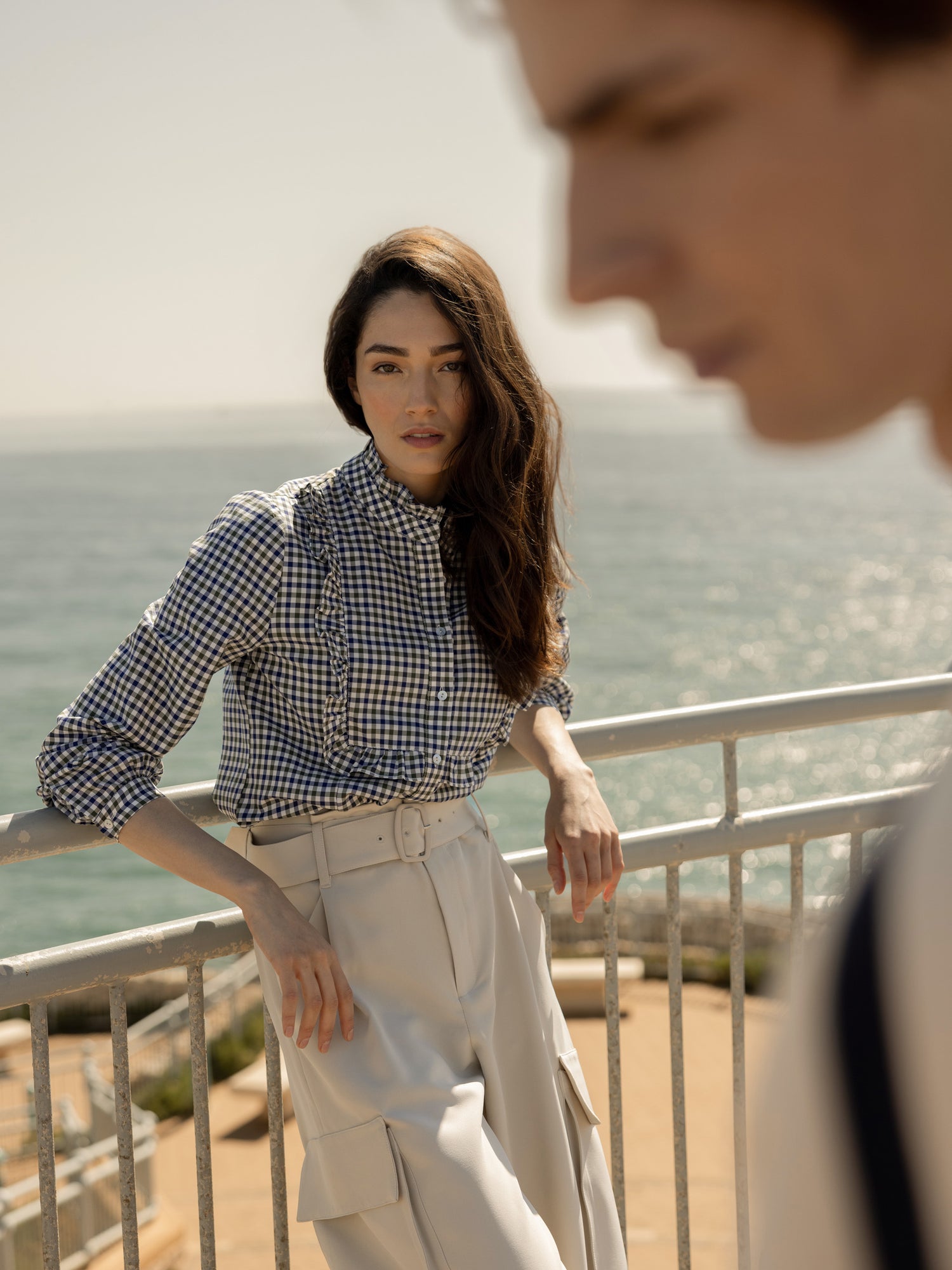 Blouse with green and blue checkered ruffles