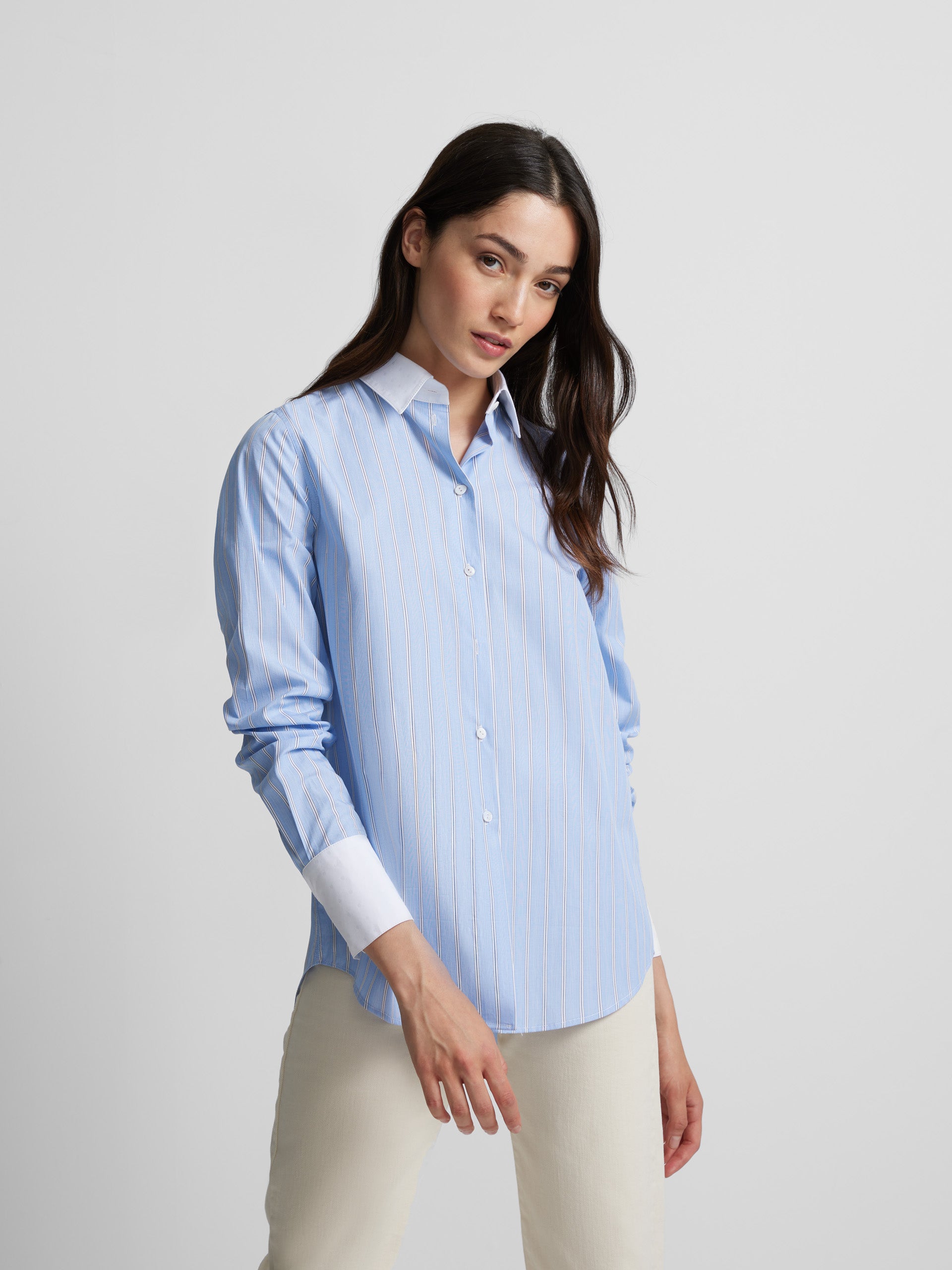 White collar shirt with blue stripes