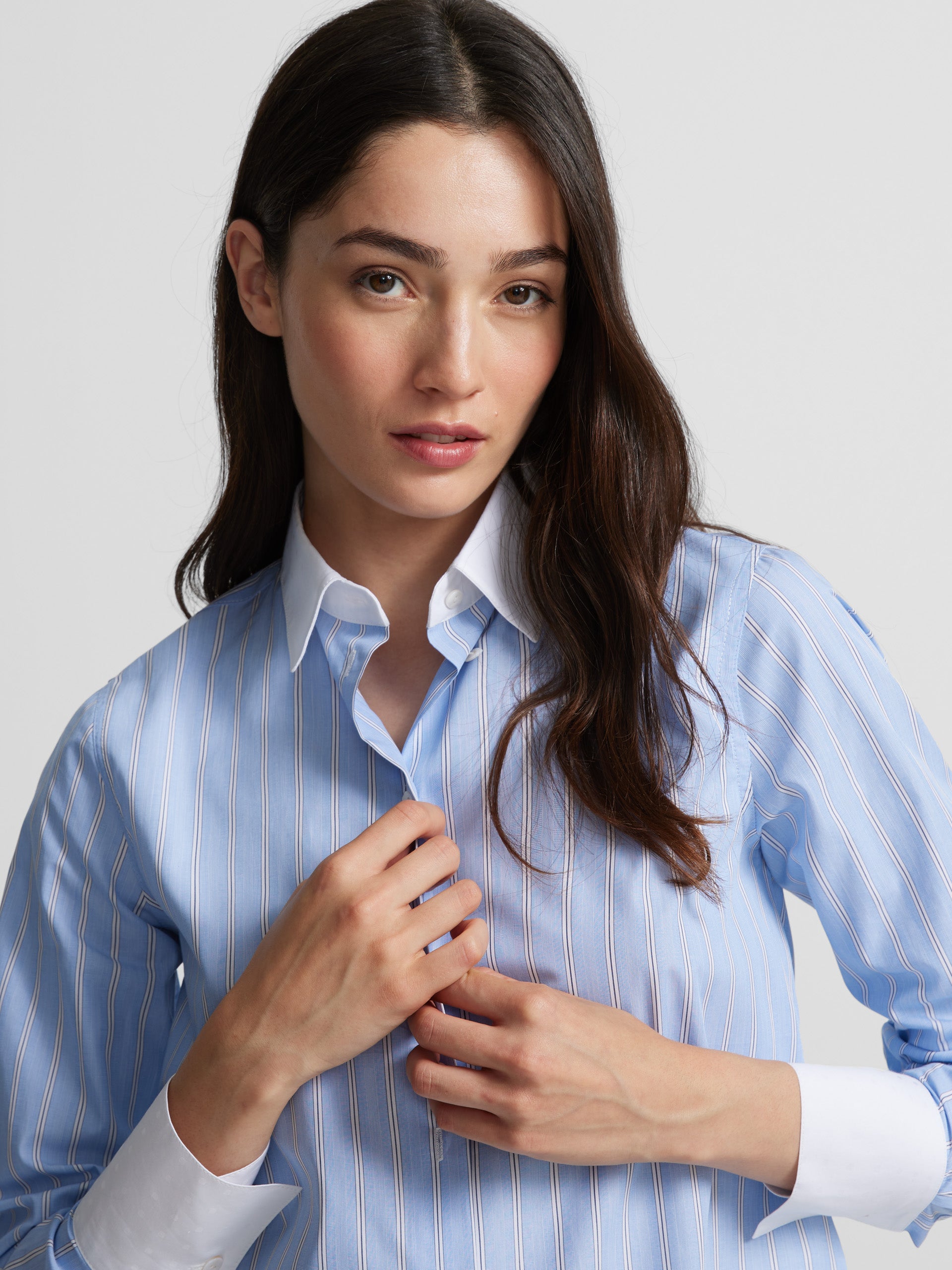 White collar shirt with blue stripes