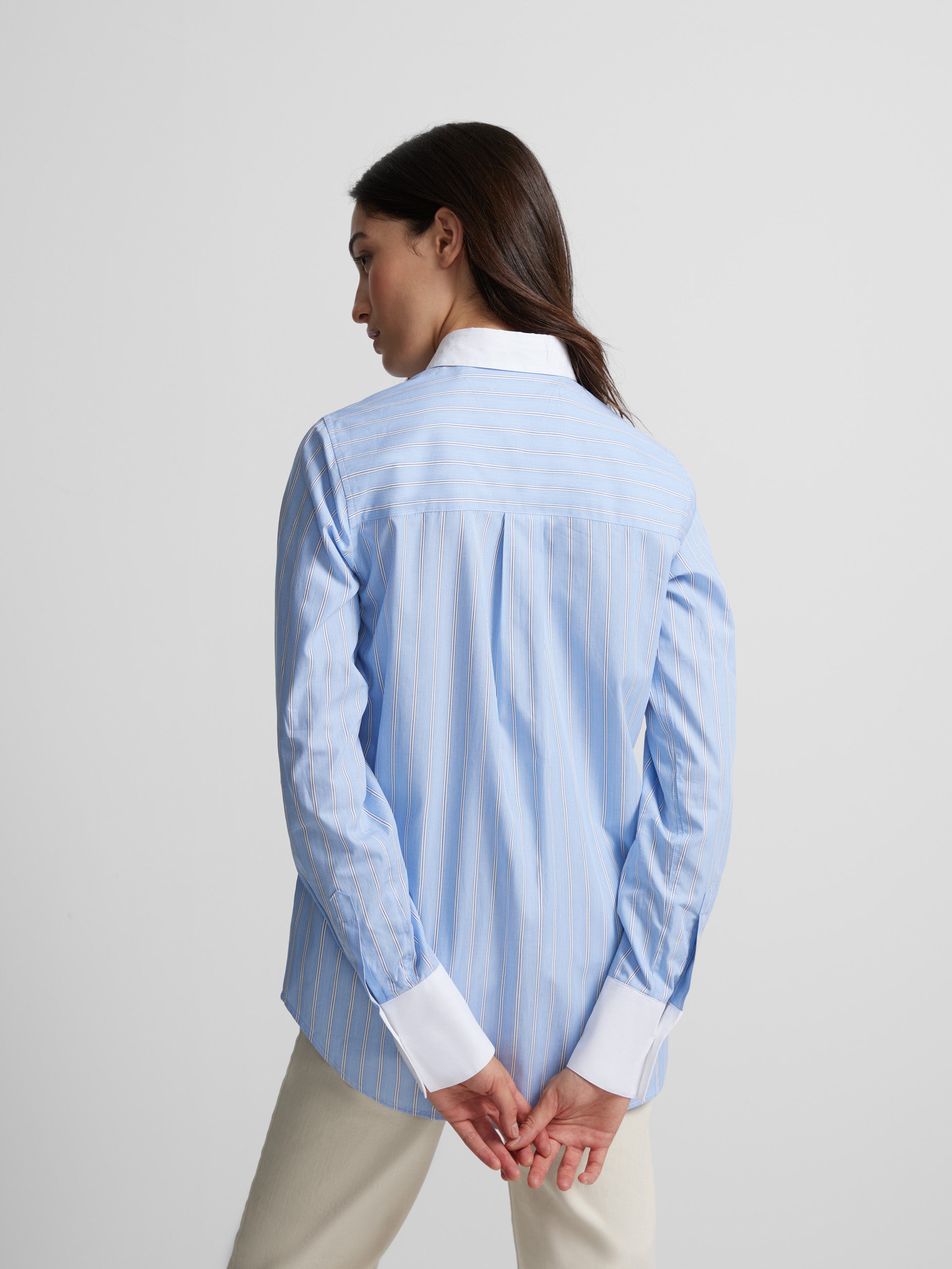 White collar shirt with blue stripes