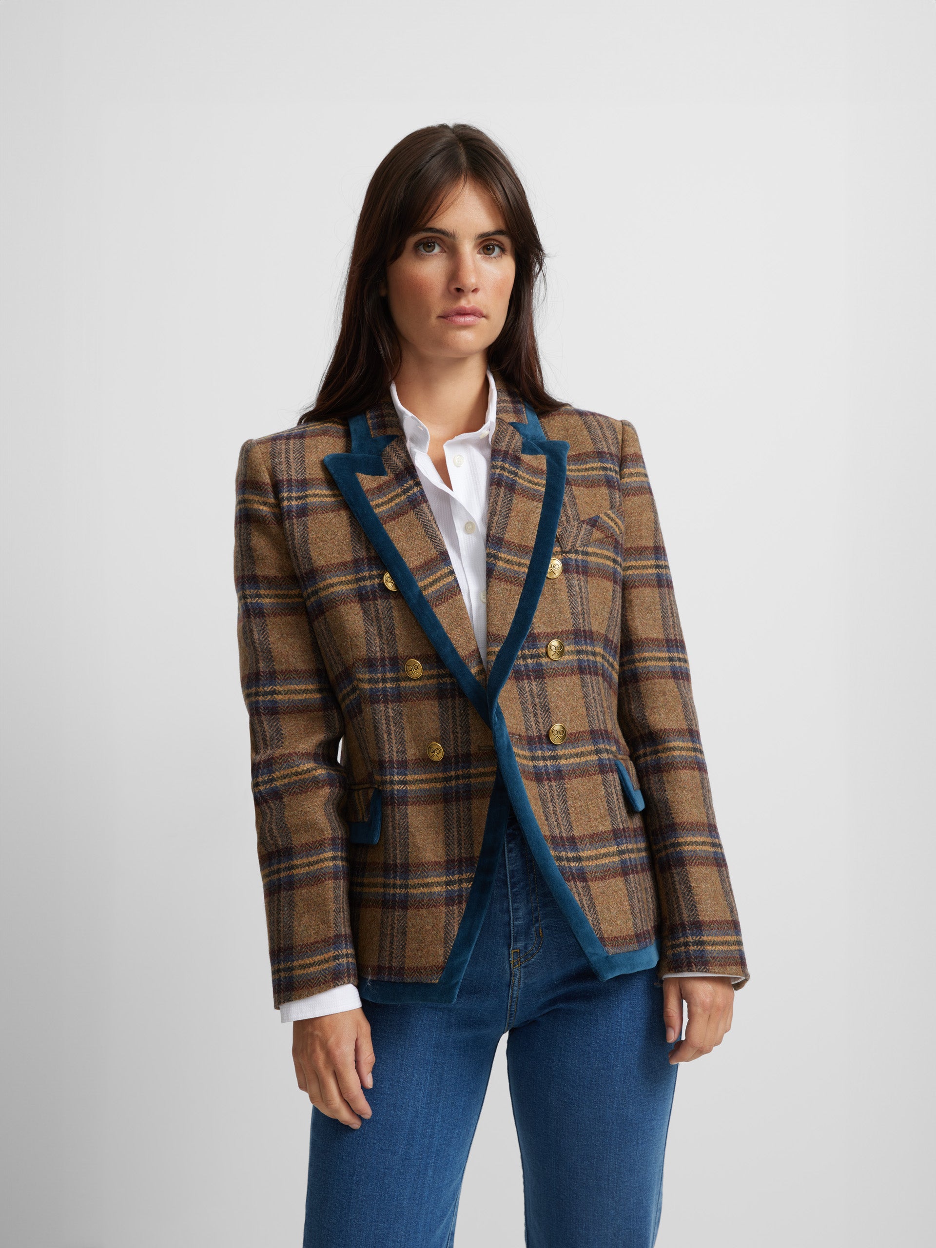 Blazer à carreaux bordeaux et camel