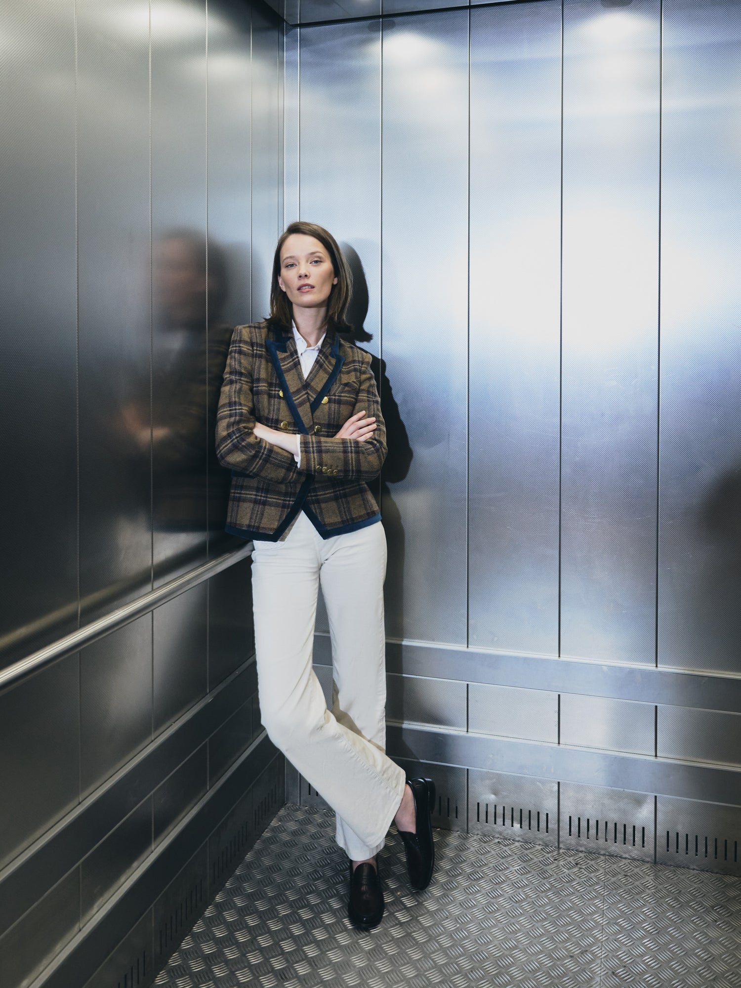 Blazer à carreaux bordeaux et camel