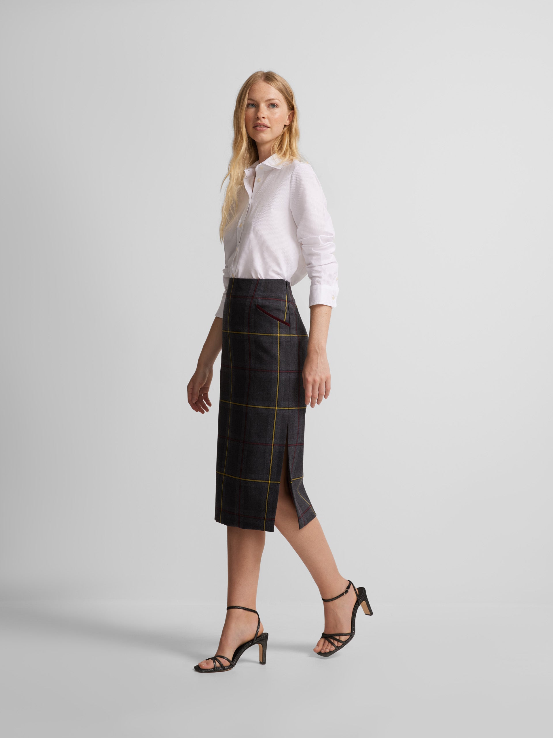 Grey and burgundy tartan check midi skirt