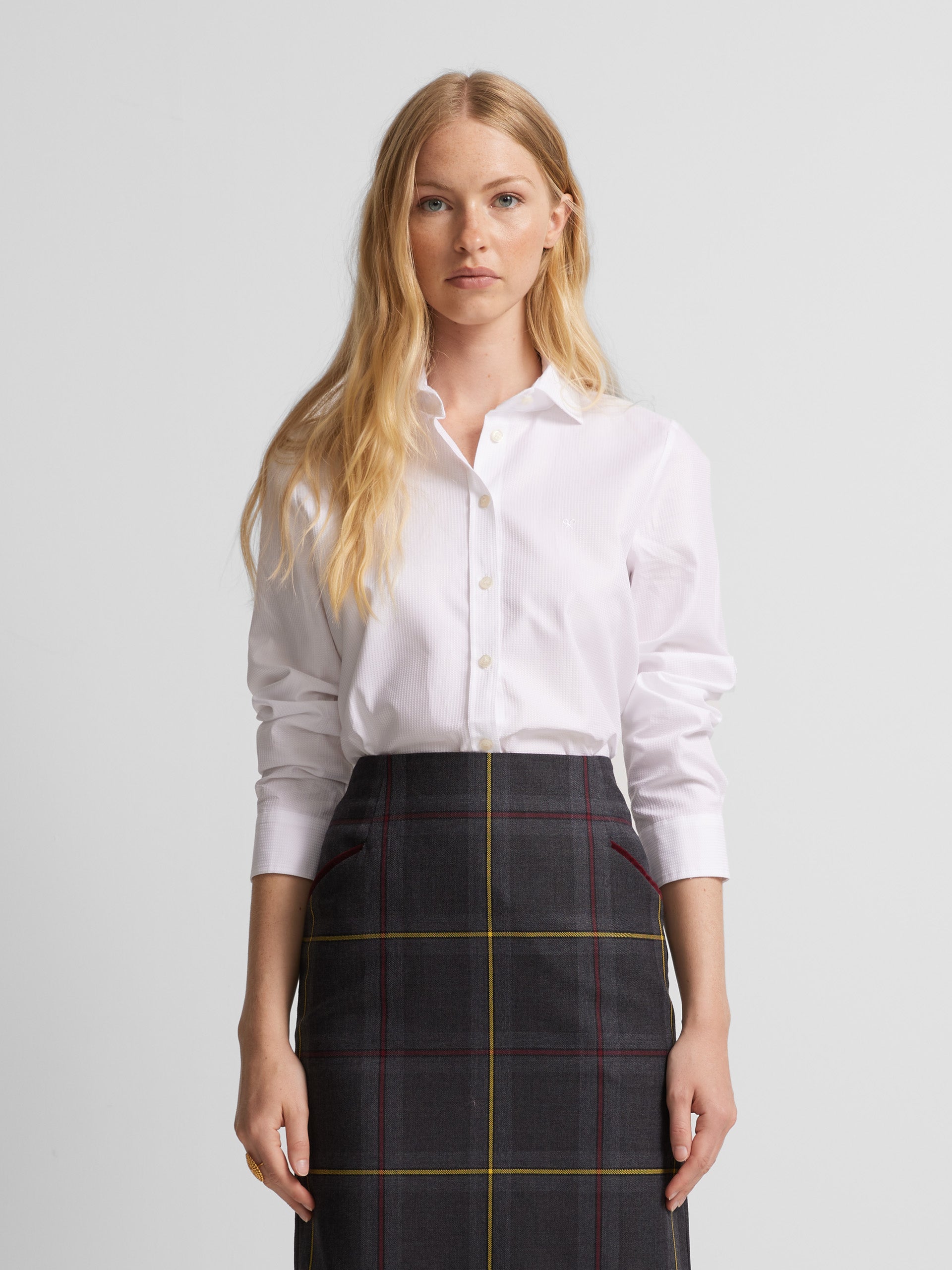 Grey and burgundy tartan check midi skirt