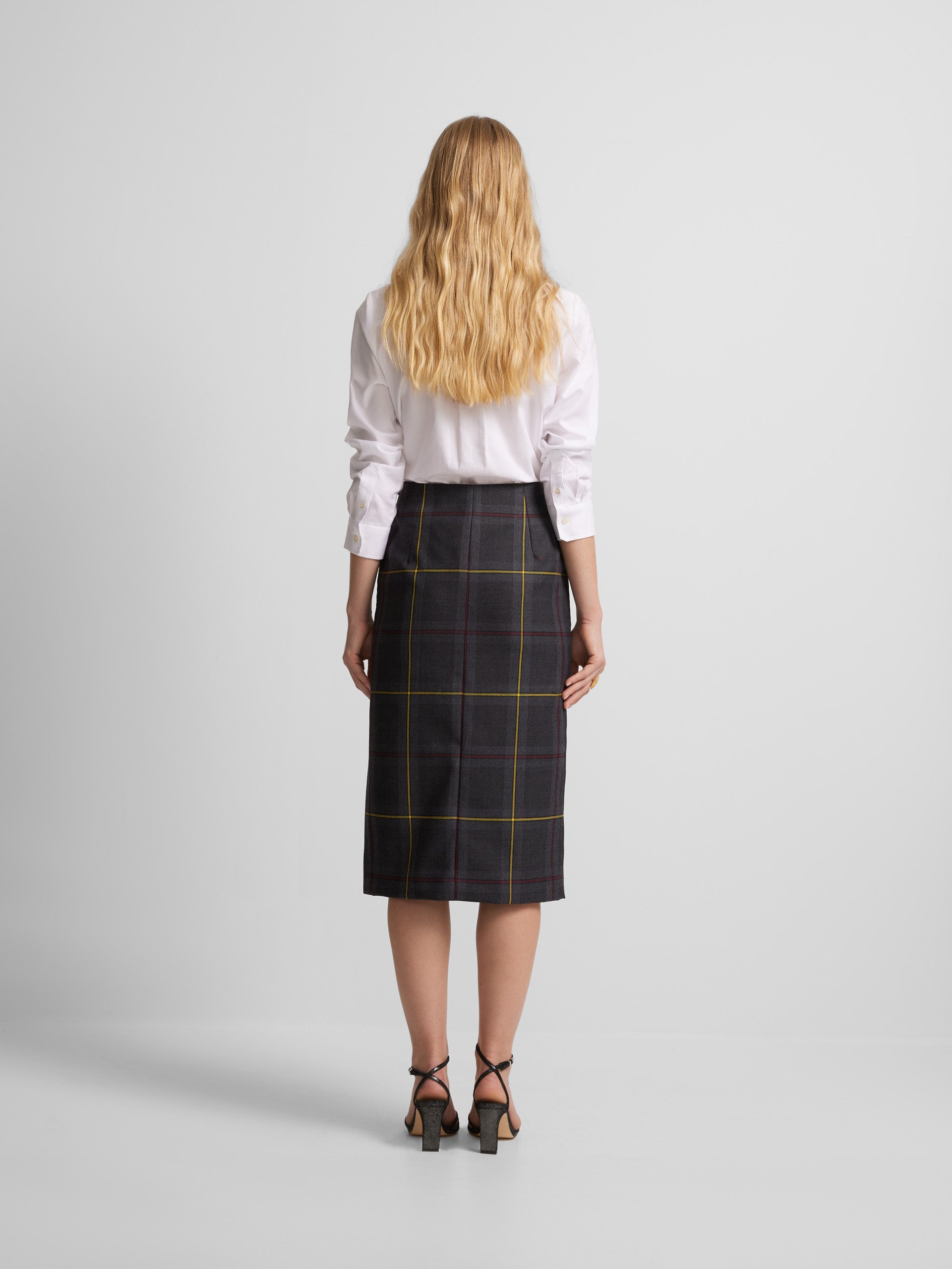 Grey and burgundy tartan check midi skirt