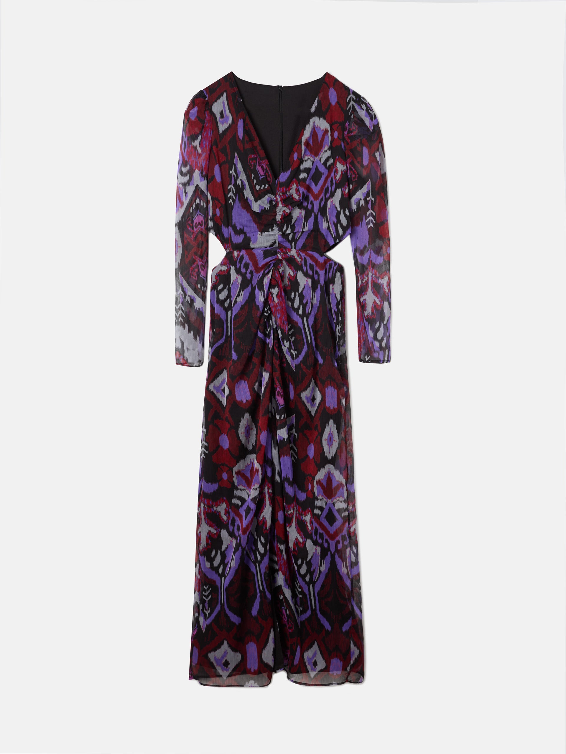 Long purple ikat print gathered dress