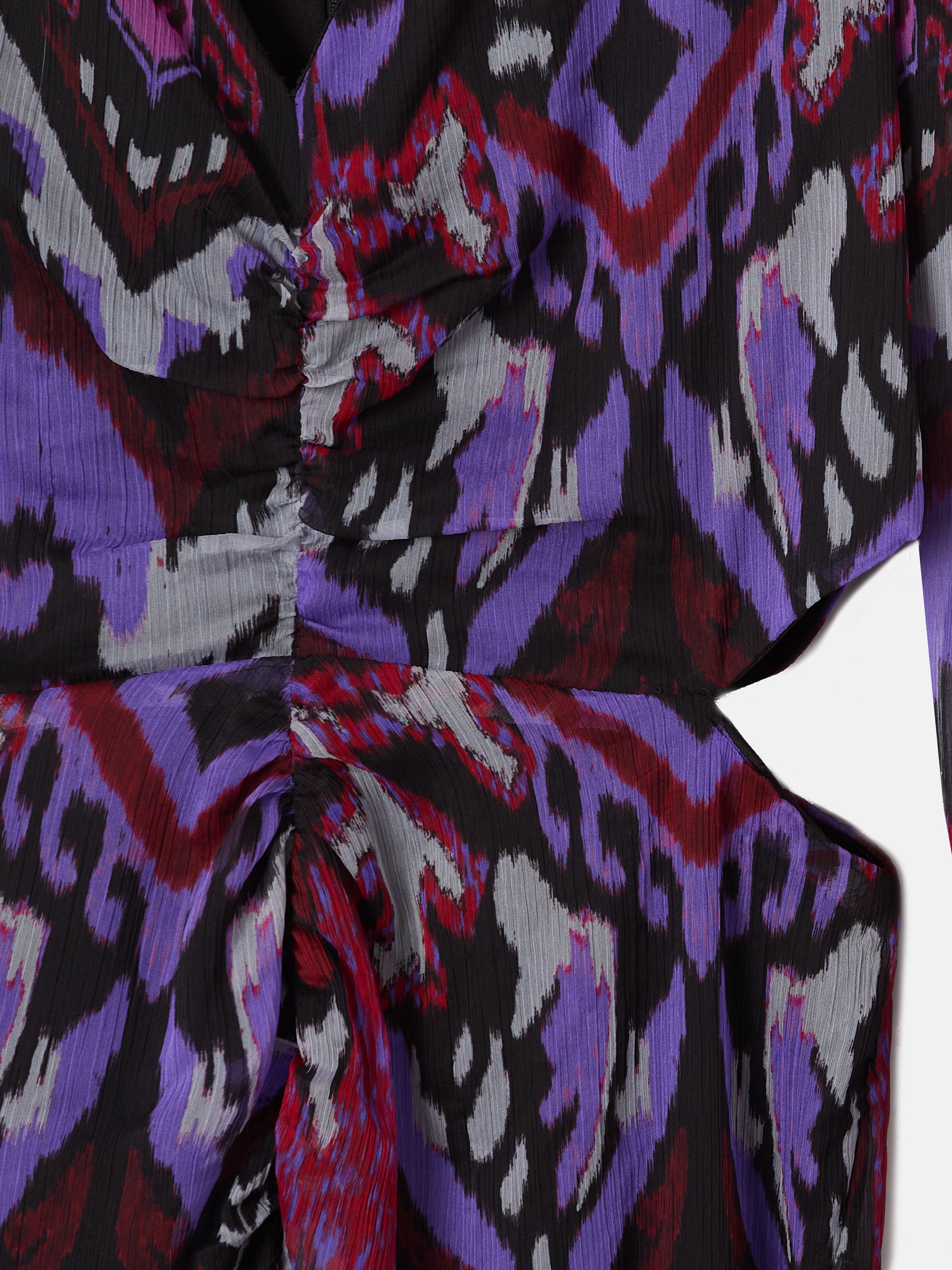 Long purple ikat print gathered dress