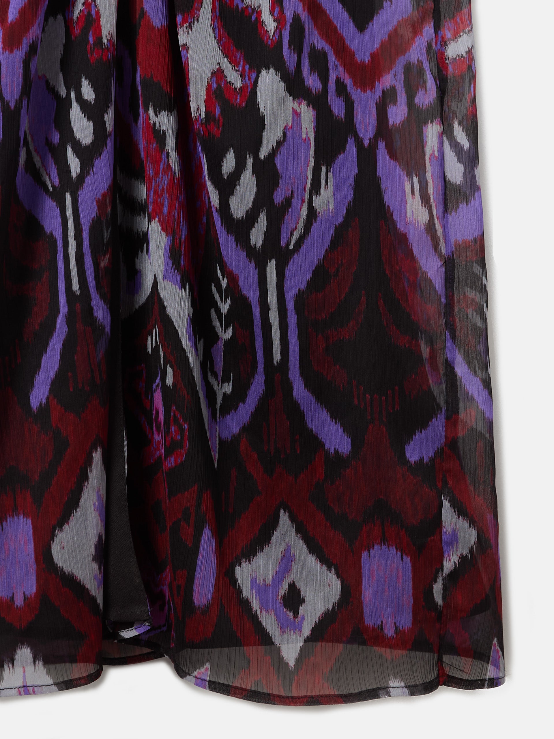 Long purple ikat print gathered dress