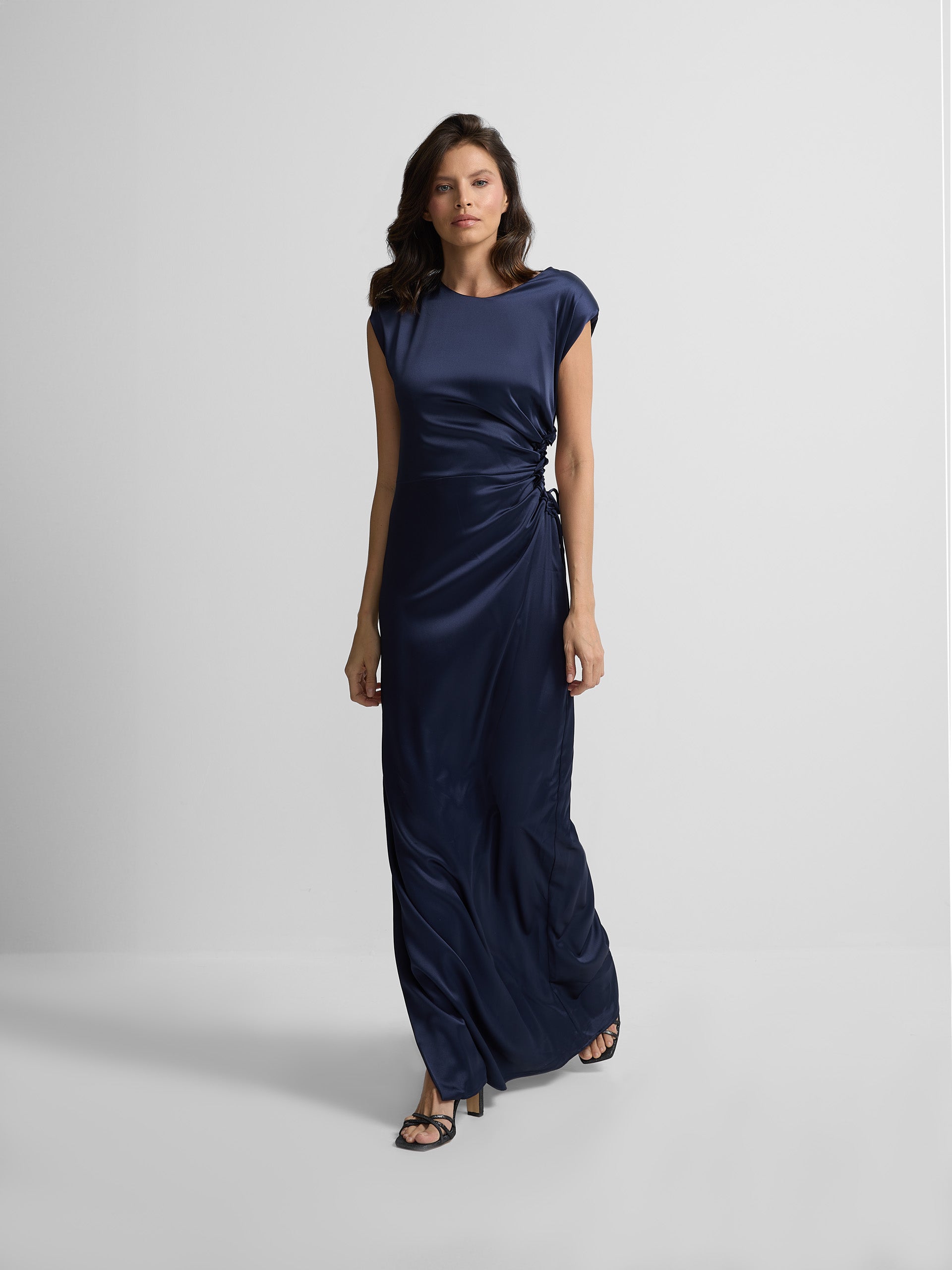 Navy satin slit dress