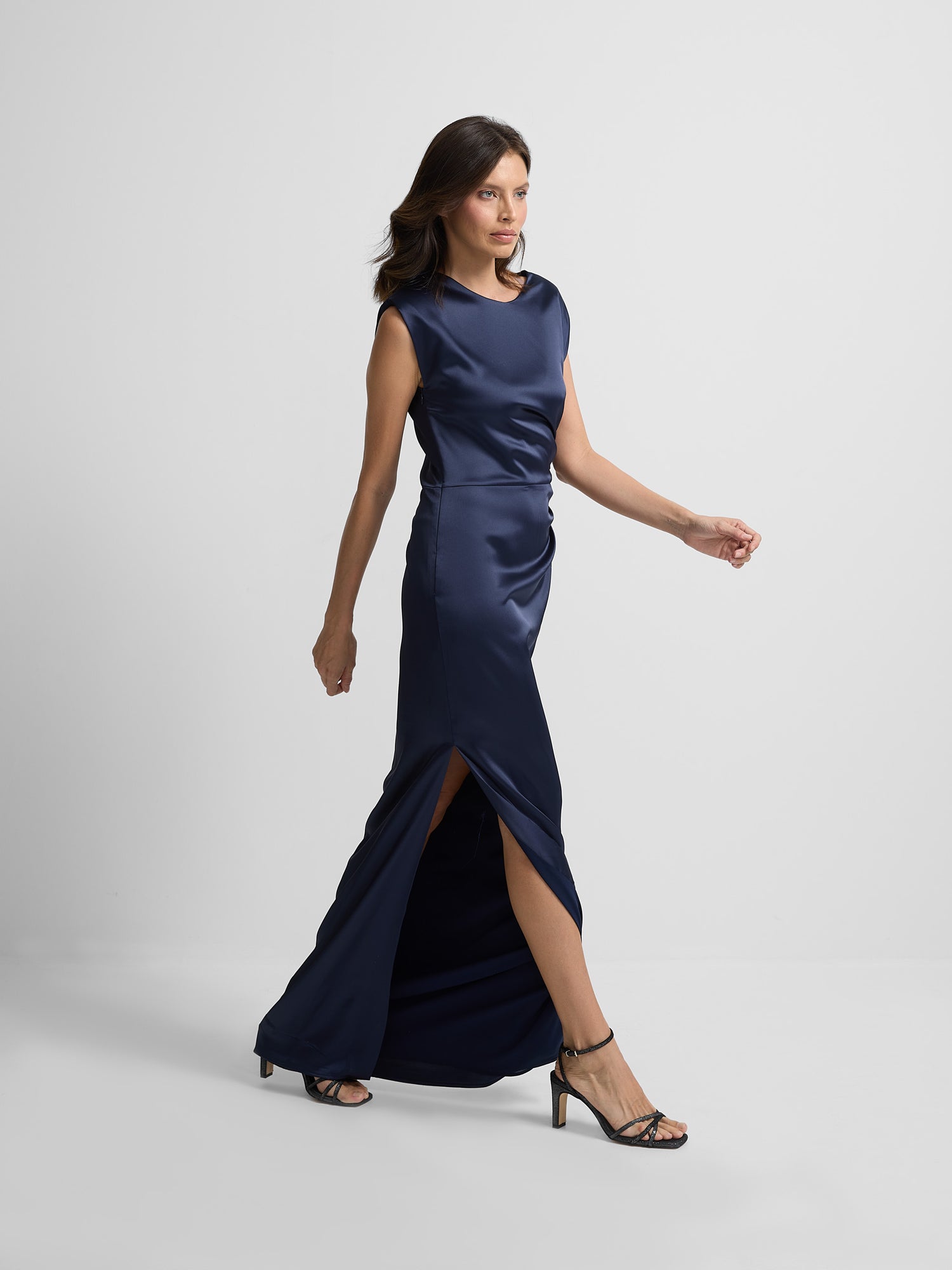 Navy satin slit dress