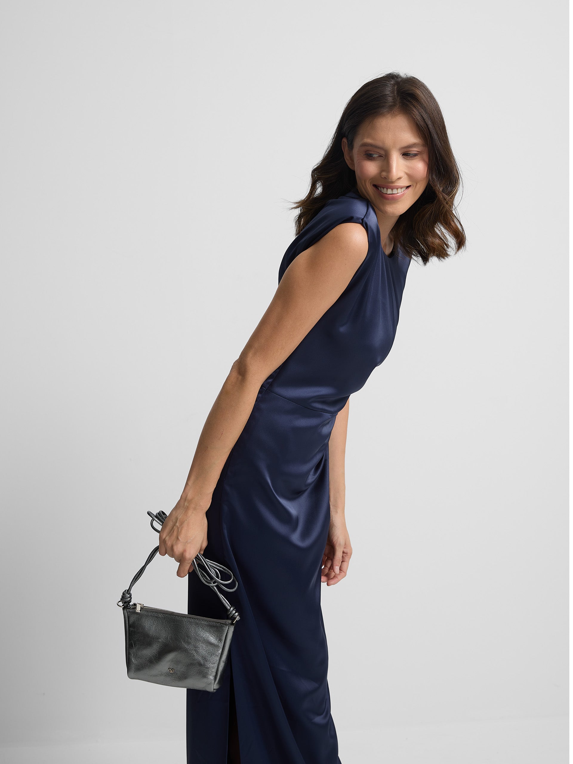 Navy satin slit dress