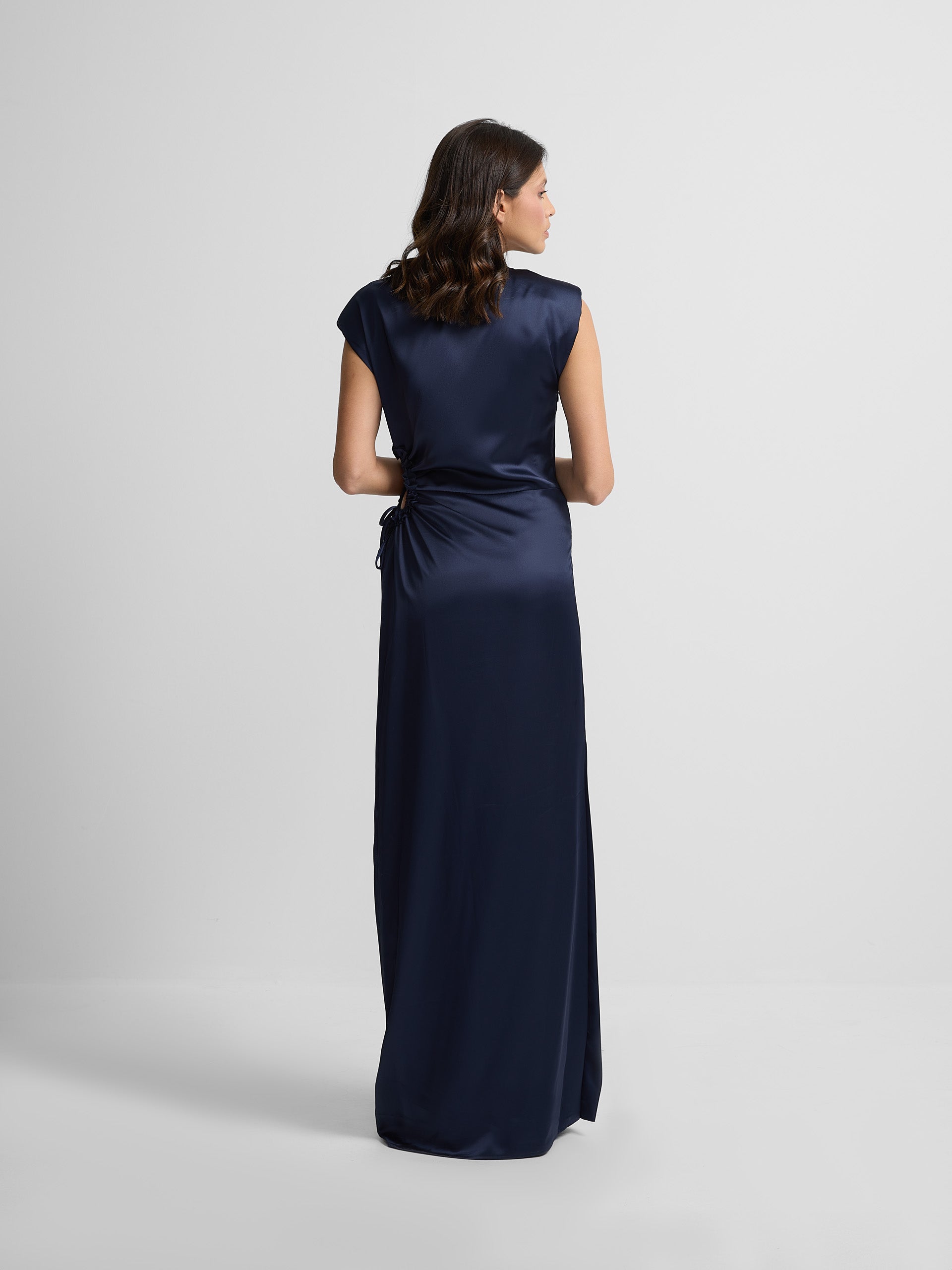 Navy satin slit dress