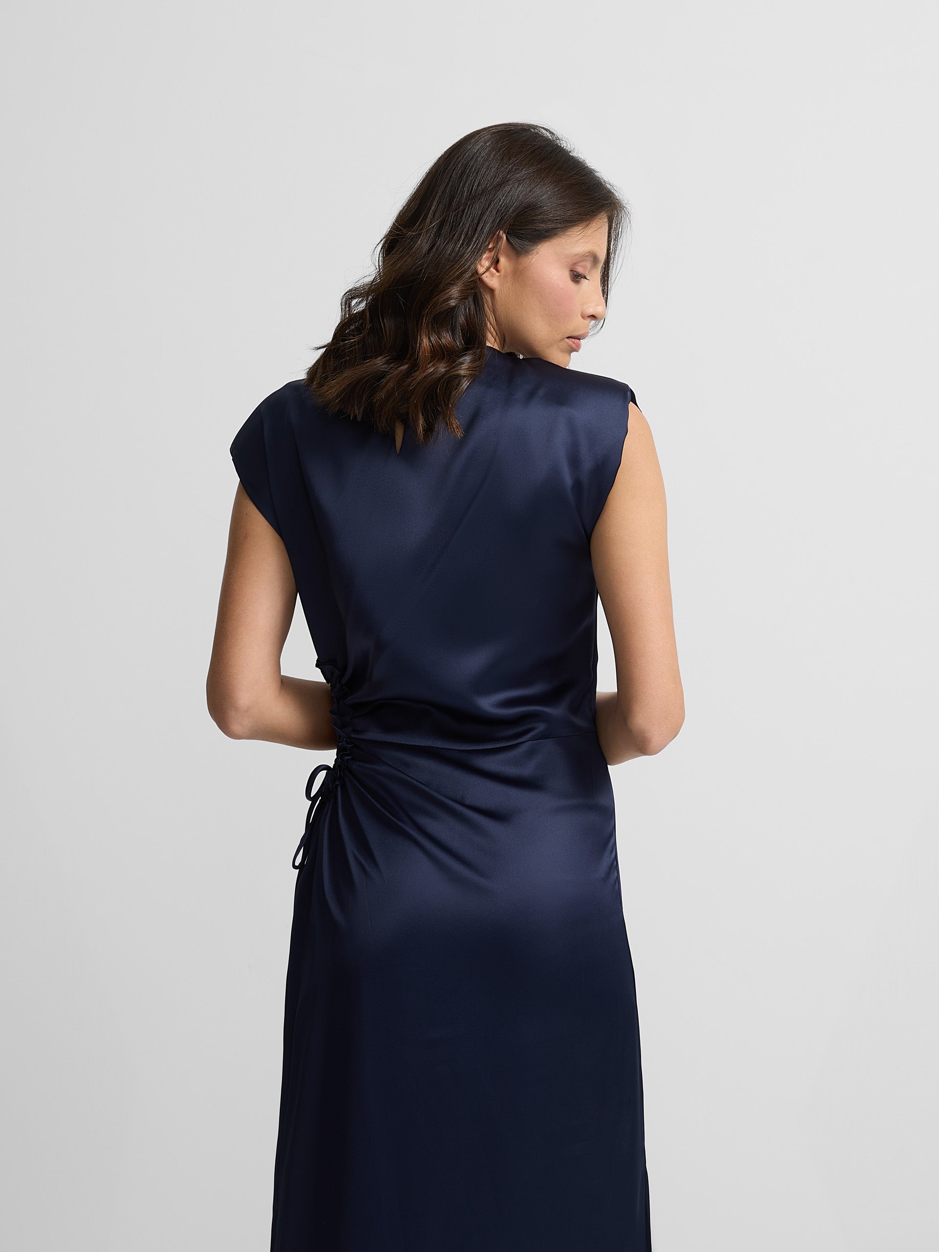 Navy satin slit dress