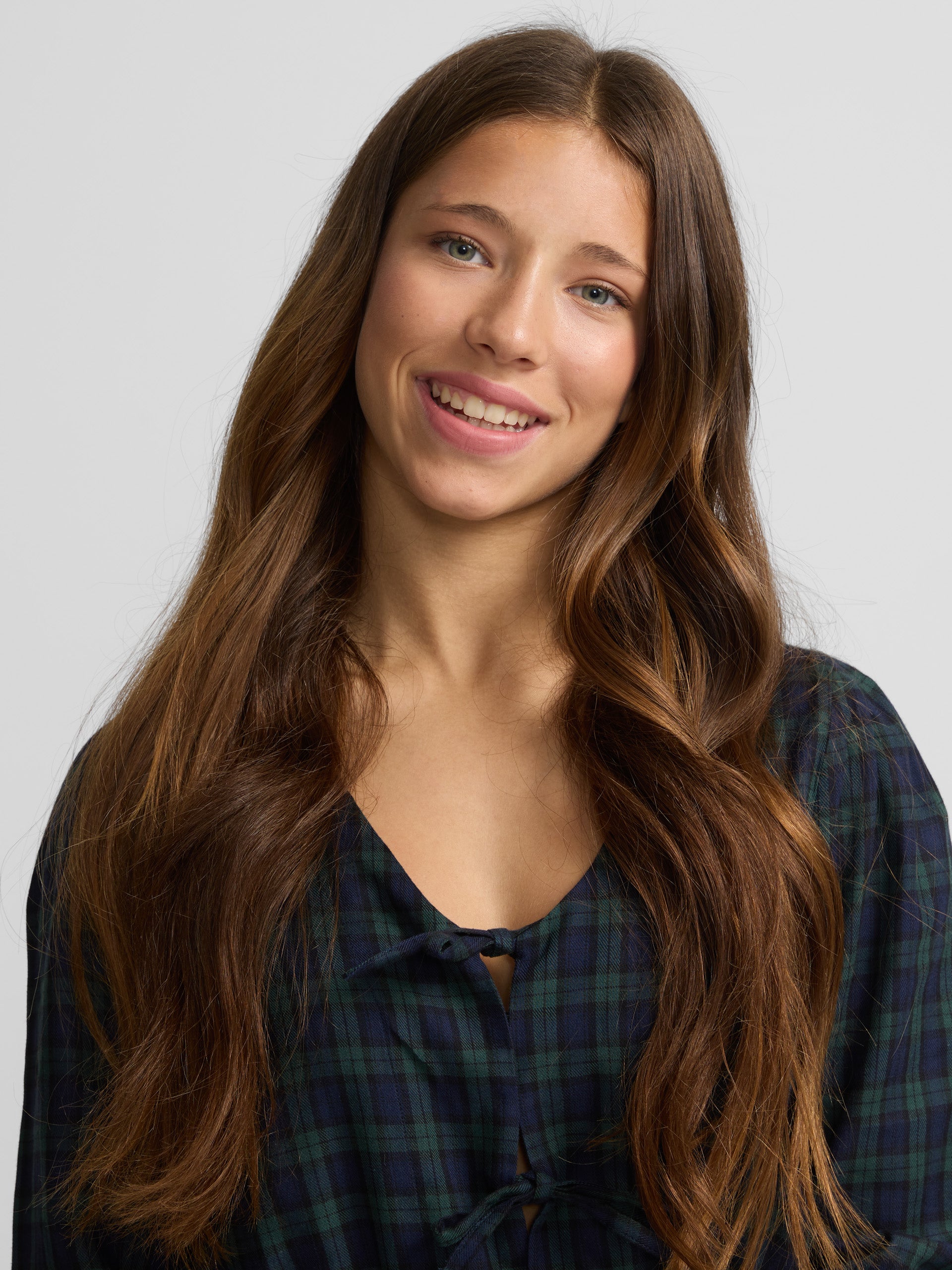 Navy and green checked blouse with bows