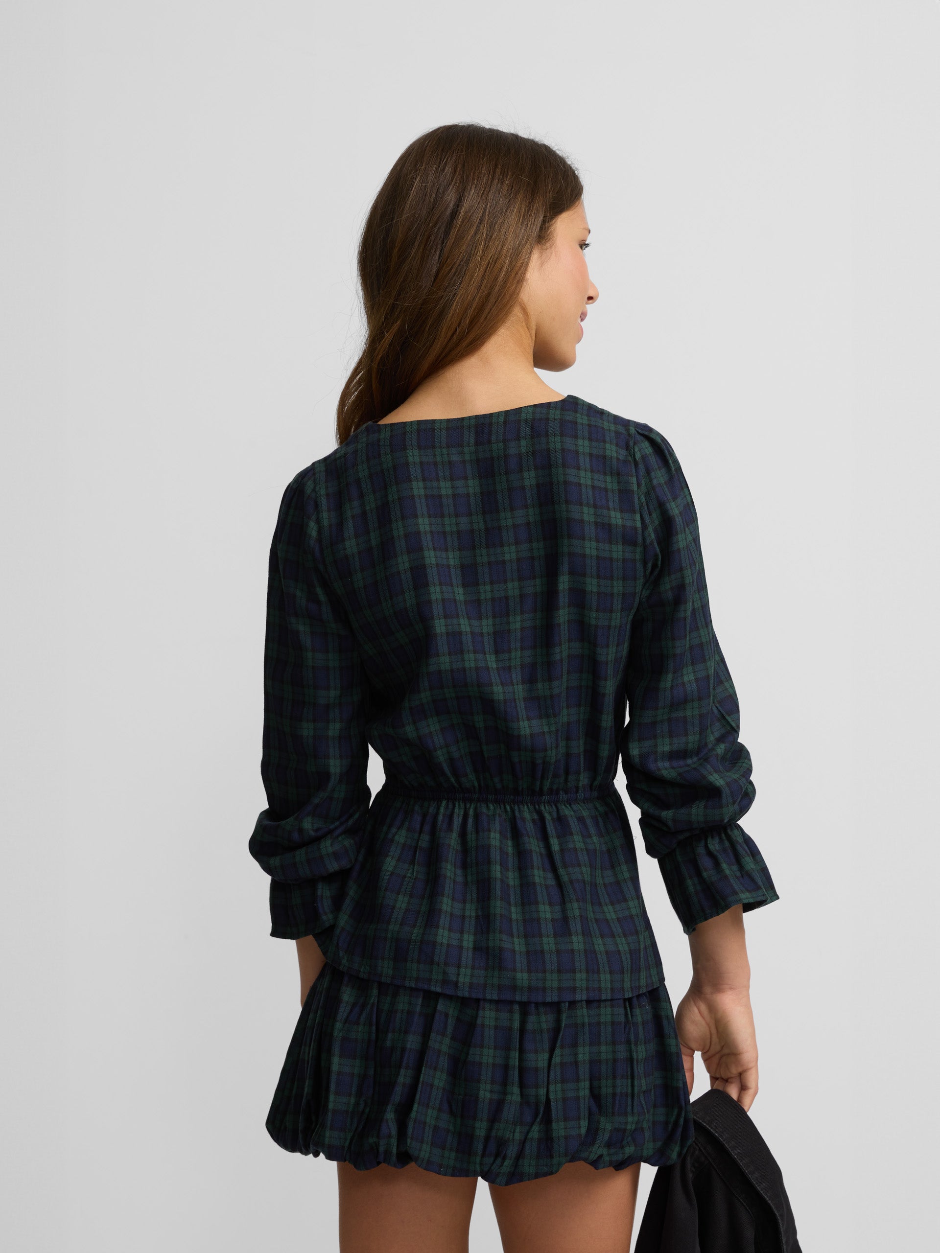 Navy and green checked blouse with bows