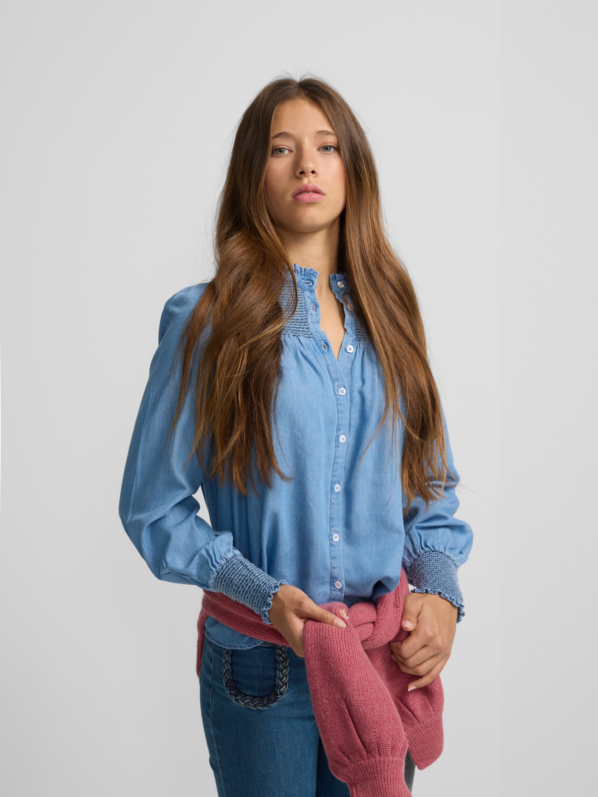 Denim shirt with gathered details