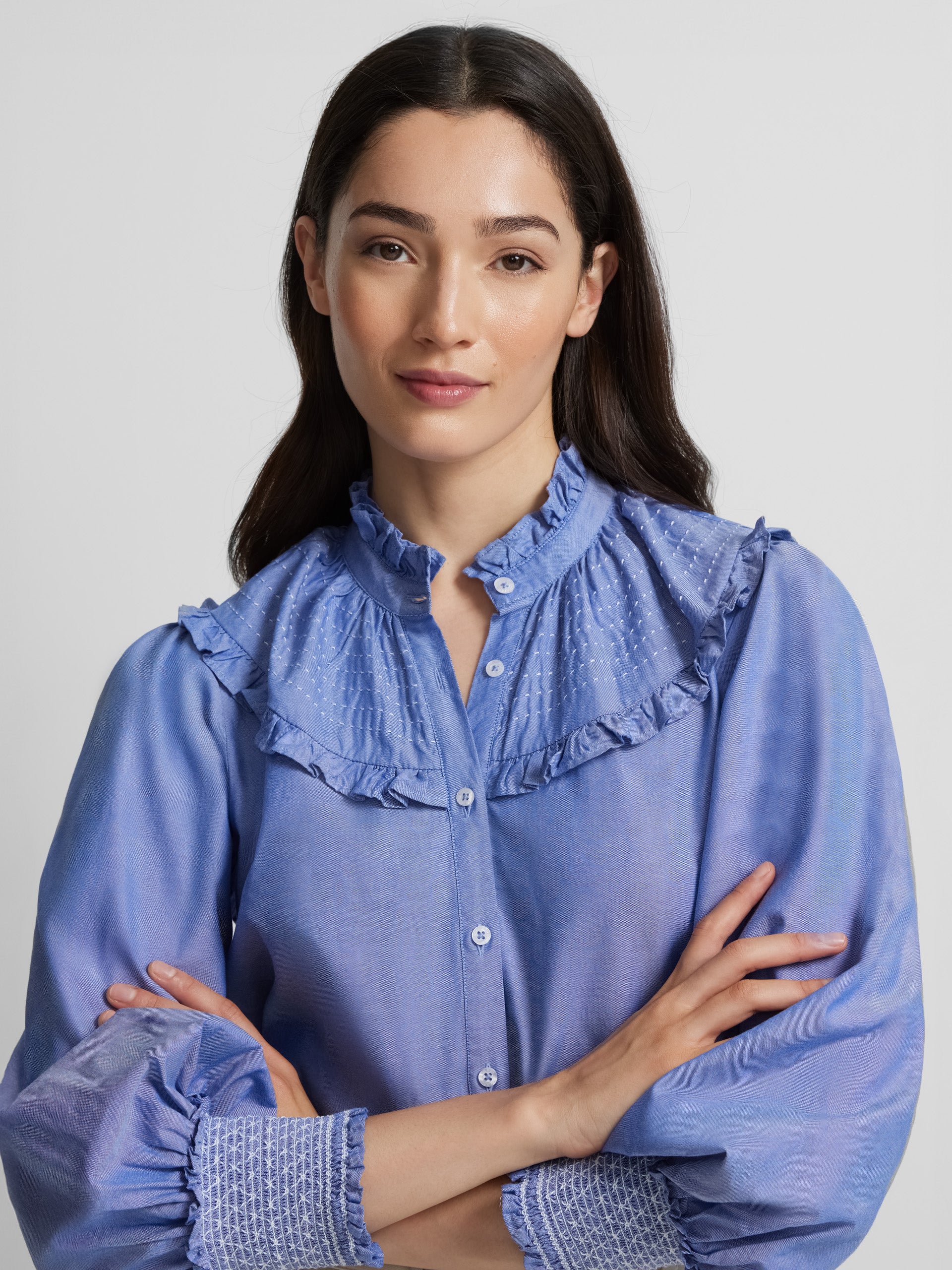 Chemise froncée en denim bleu