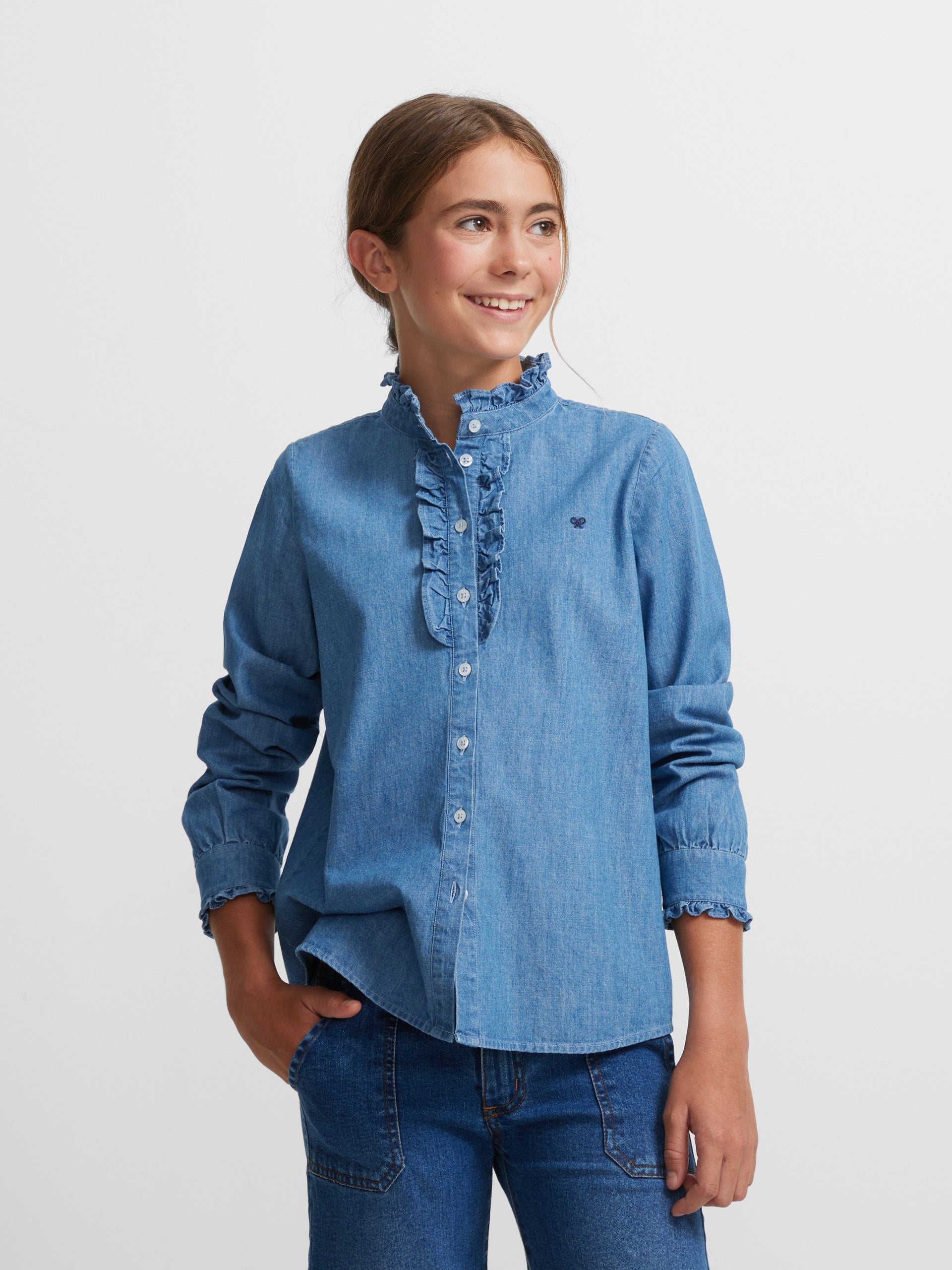 Chemise fille détails volants en jean