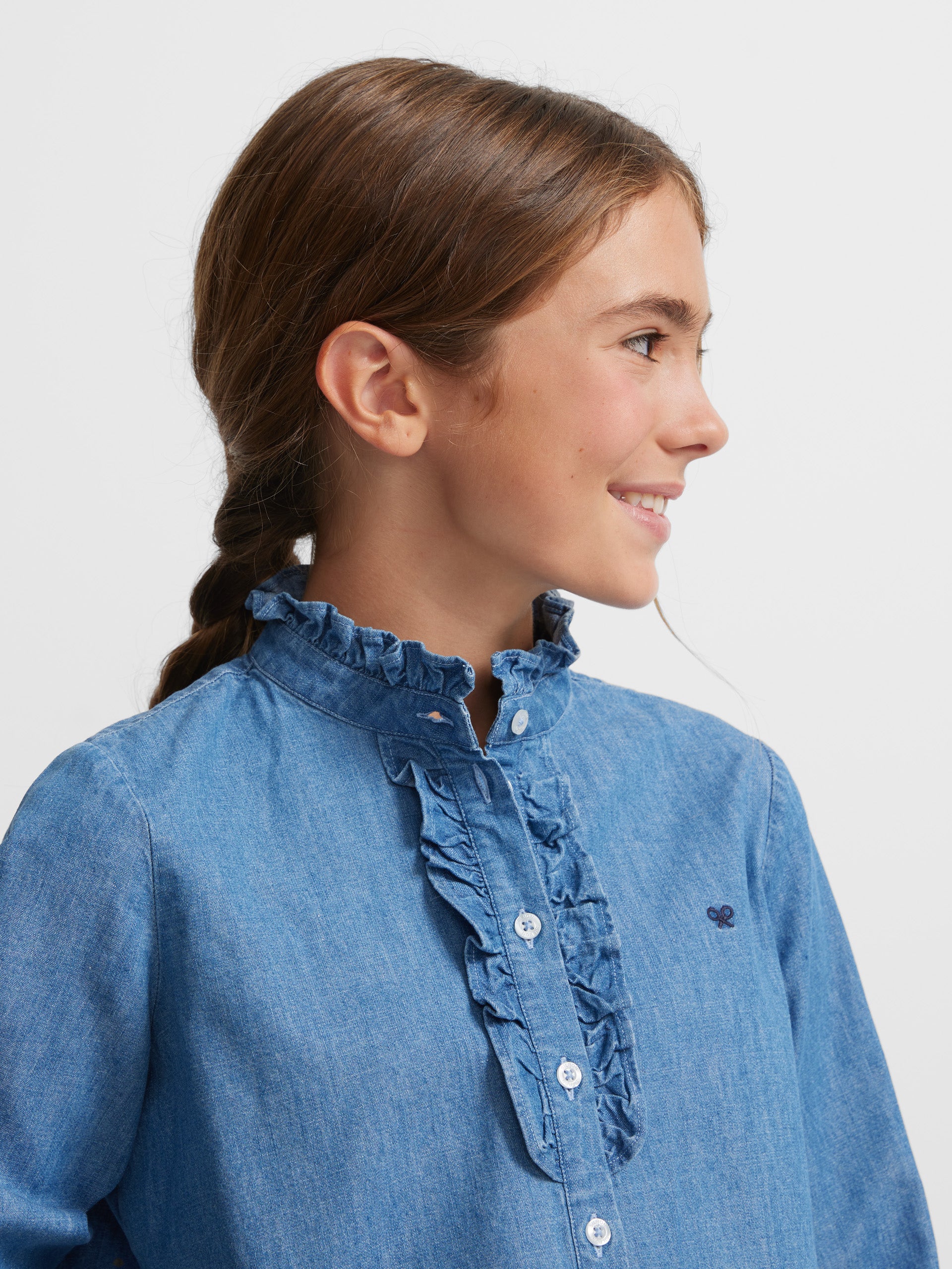 Chemise fille détails volants en jean