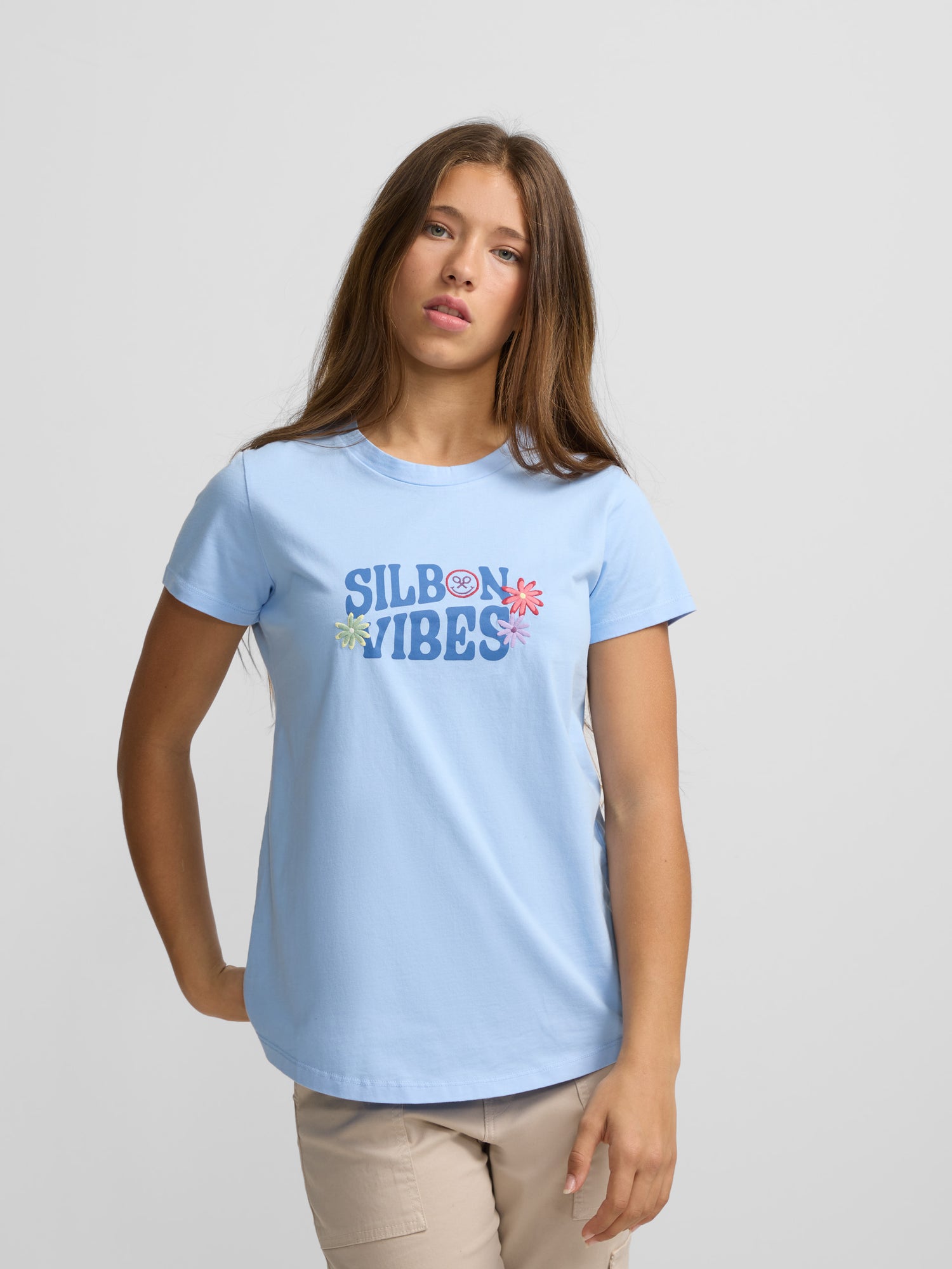 T-shirt femme à fleurs bleu clair