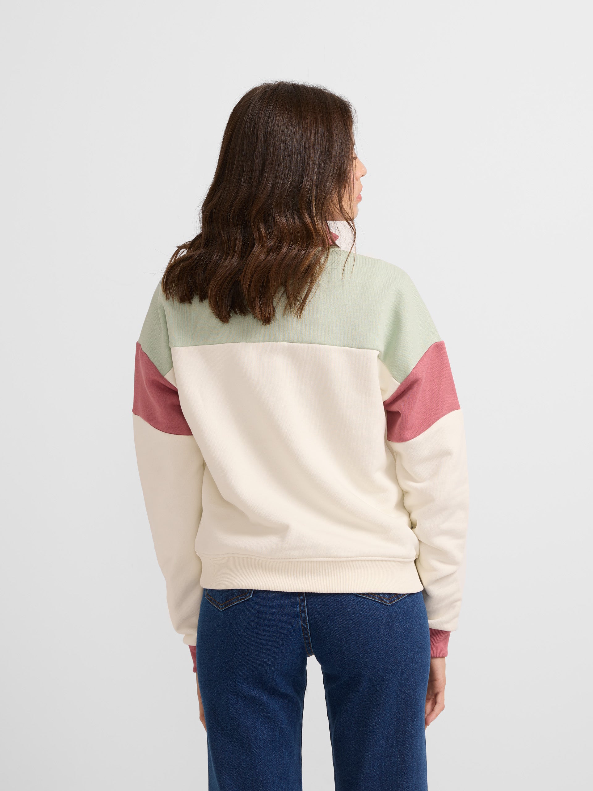 Women's tricolor sweatshirt with raw button collar