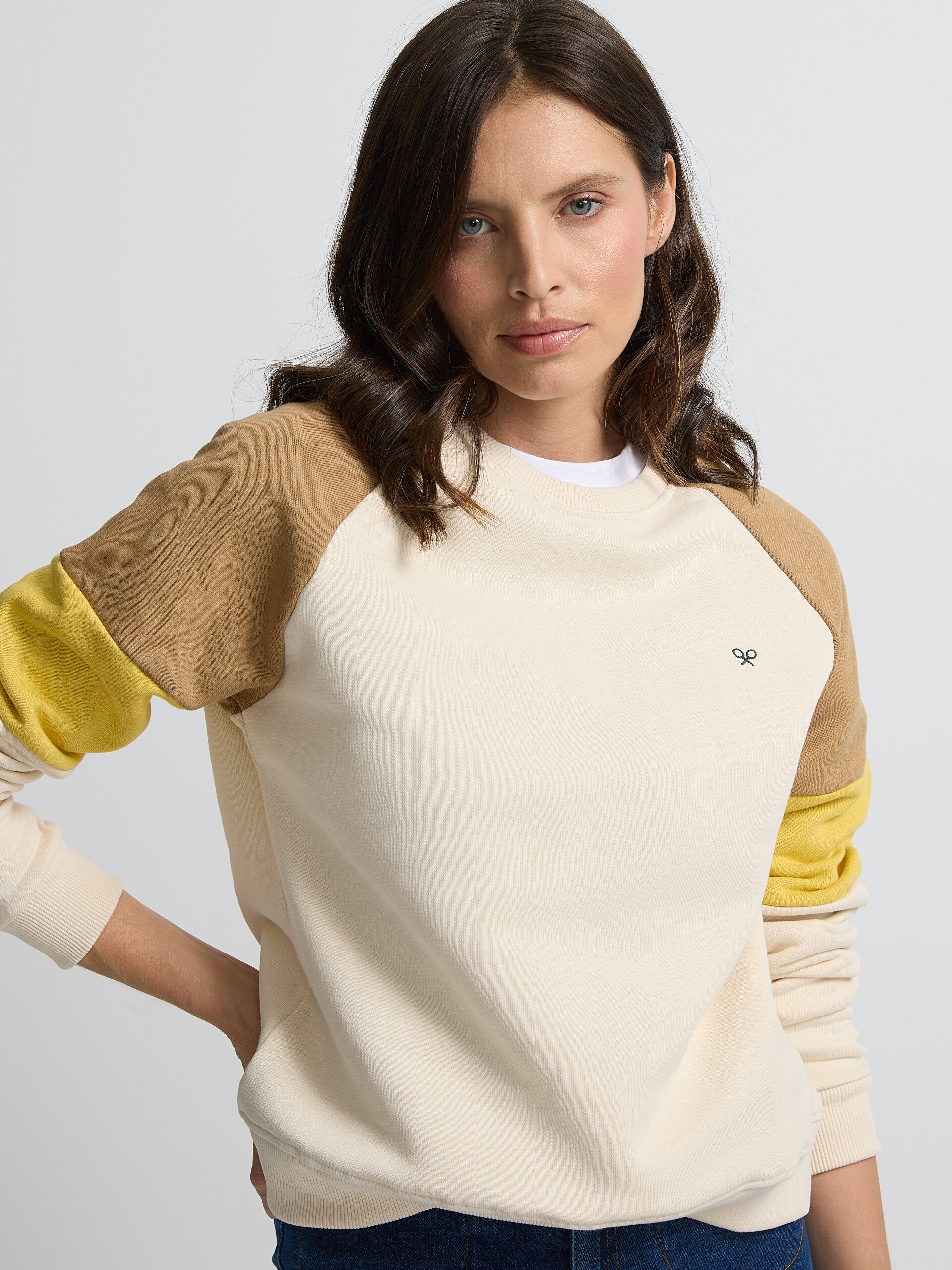 Sweat femme tricolore beige et jaune