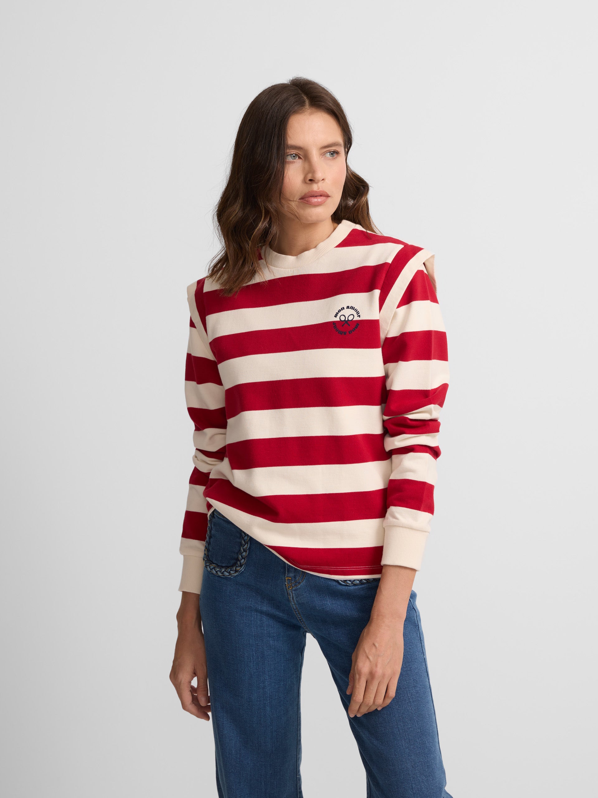 Woman sweatshirt with red striped shoulder pads