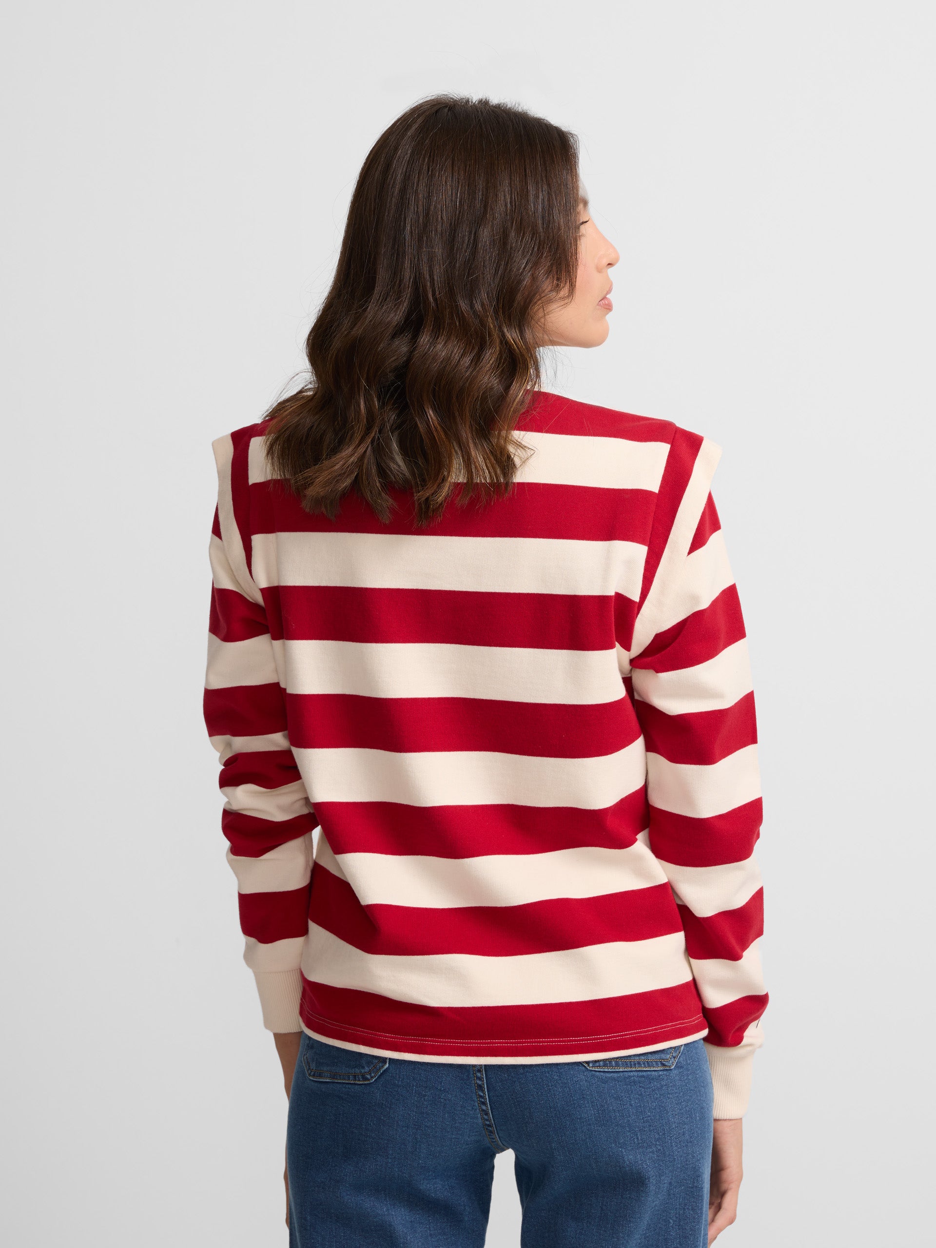 Woman sweatshirt with red striped shoulder pads