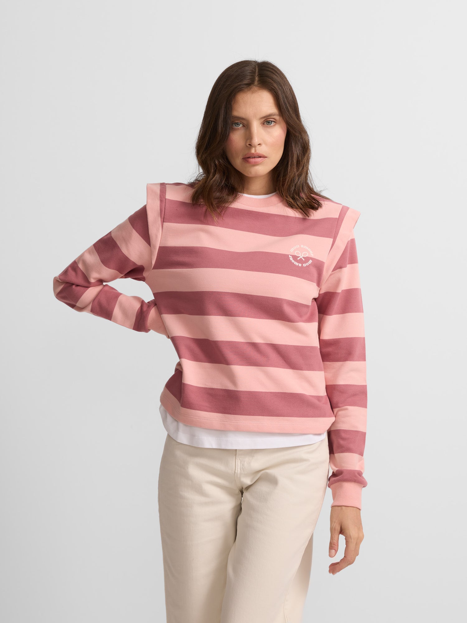 Sweat femme avec épaulettes rayées roses