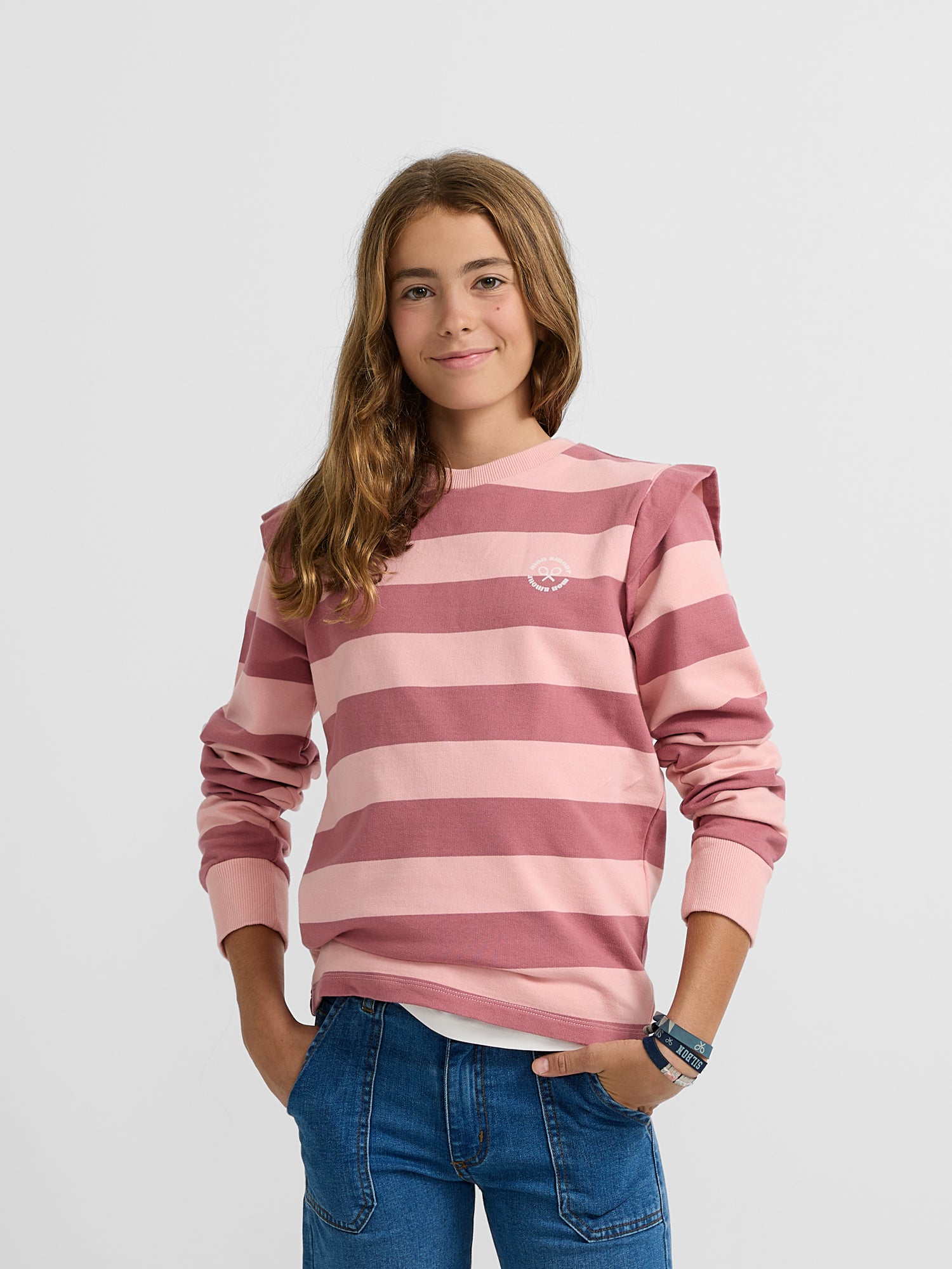 Girl's sweatshirt with pink striped shoulder pads