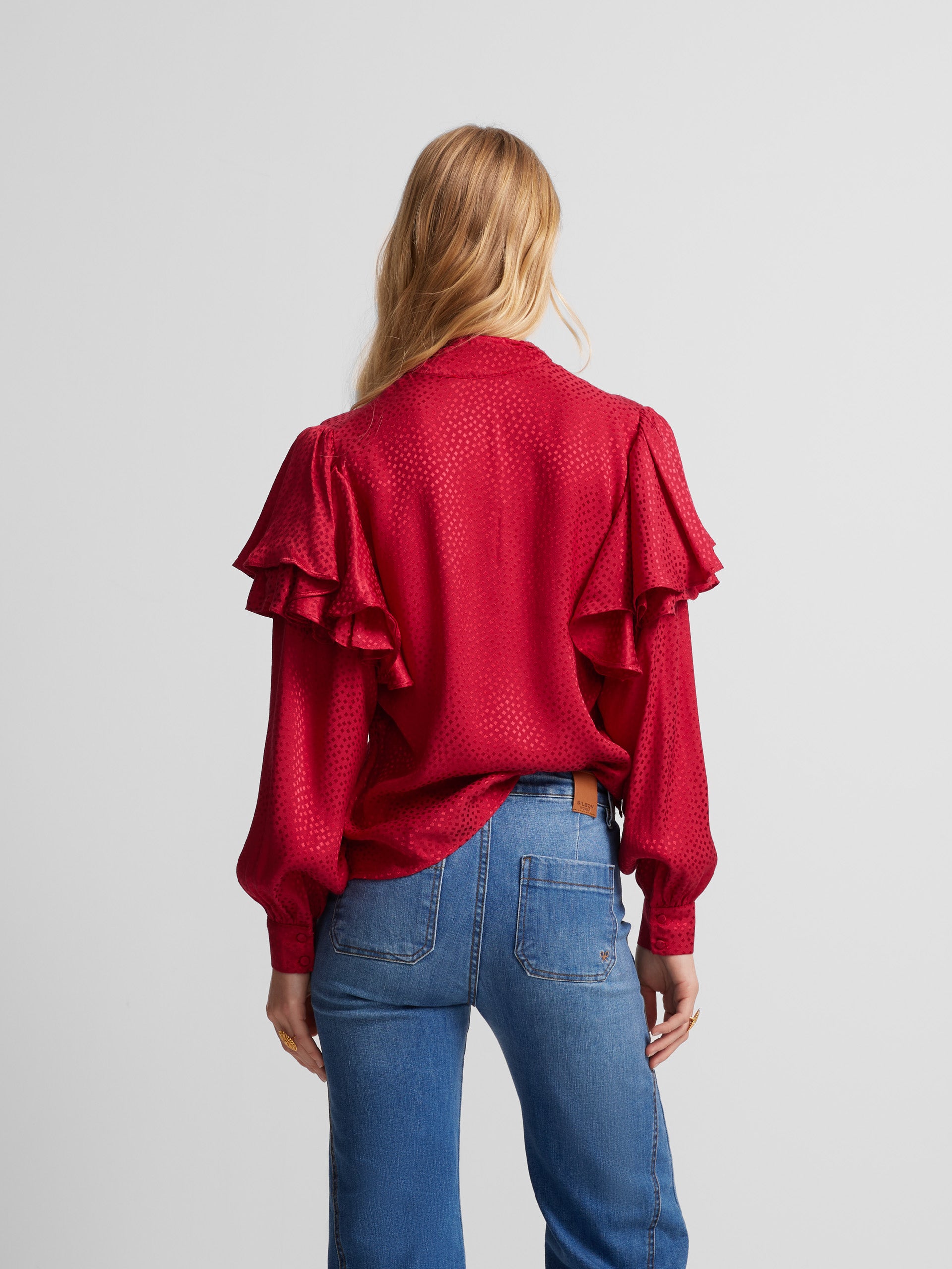 Blouse à volants en jacquard rouge