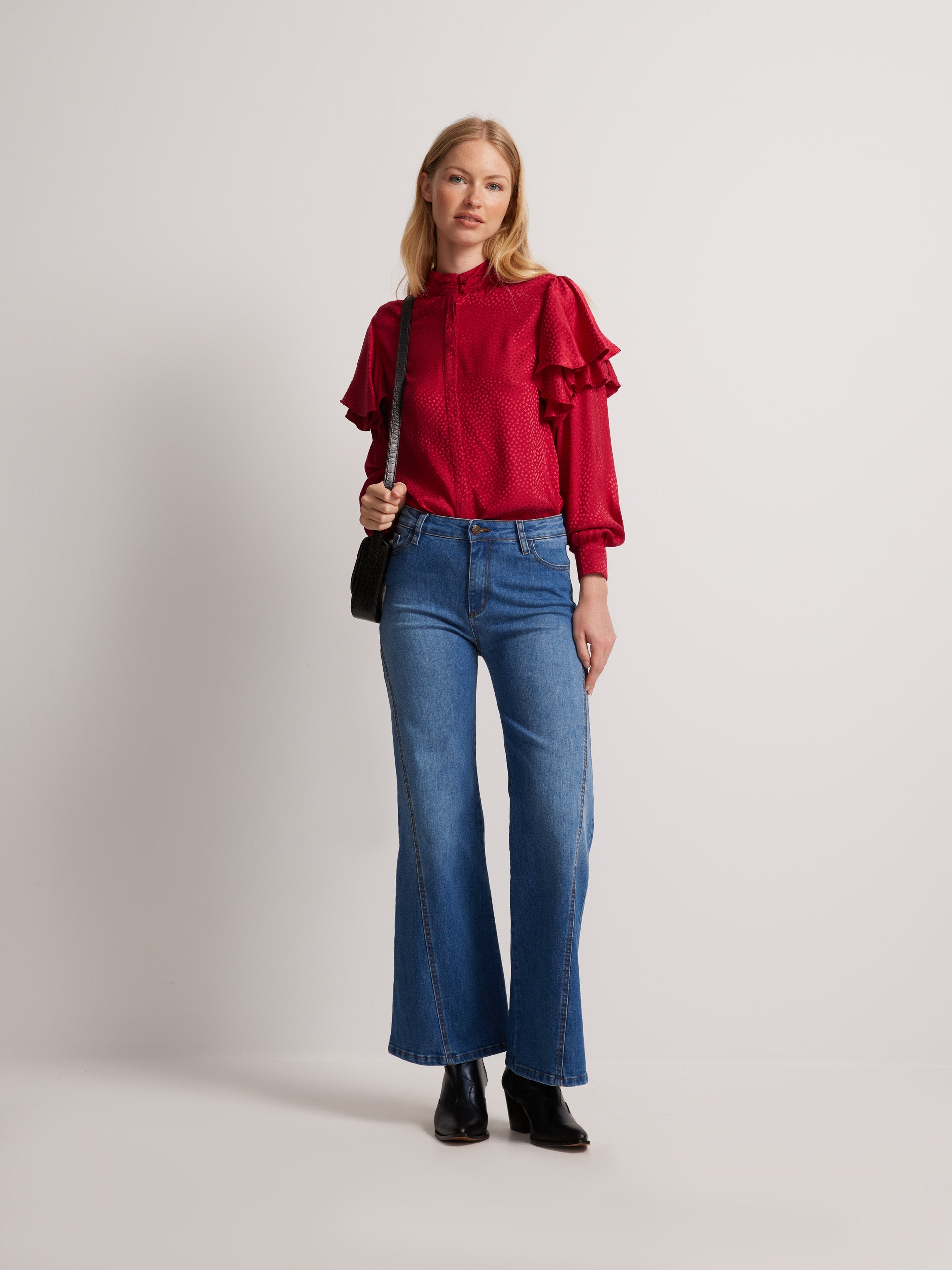 Red jacquard ruffle blouse