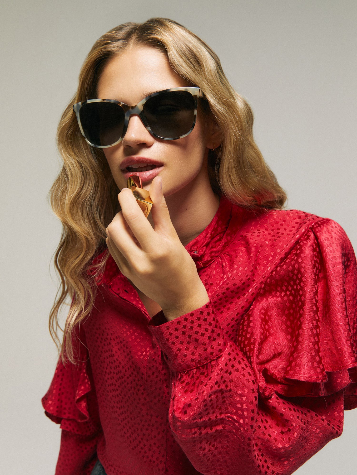 Red jacquard ruffle blouse