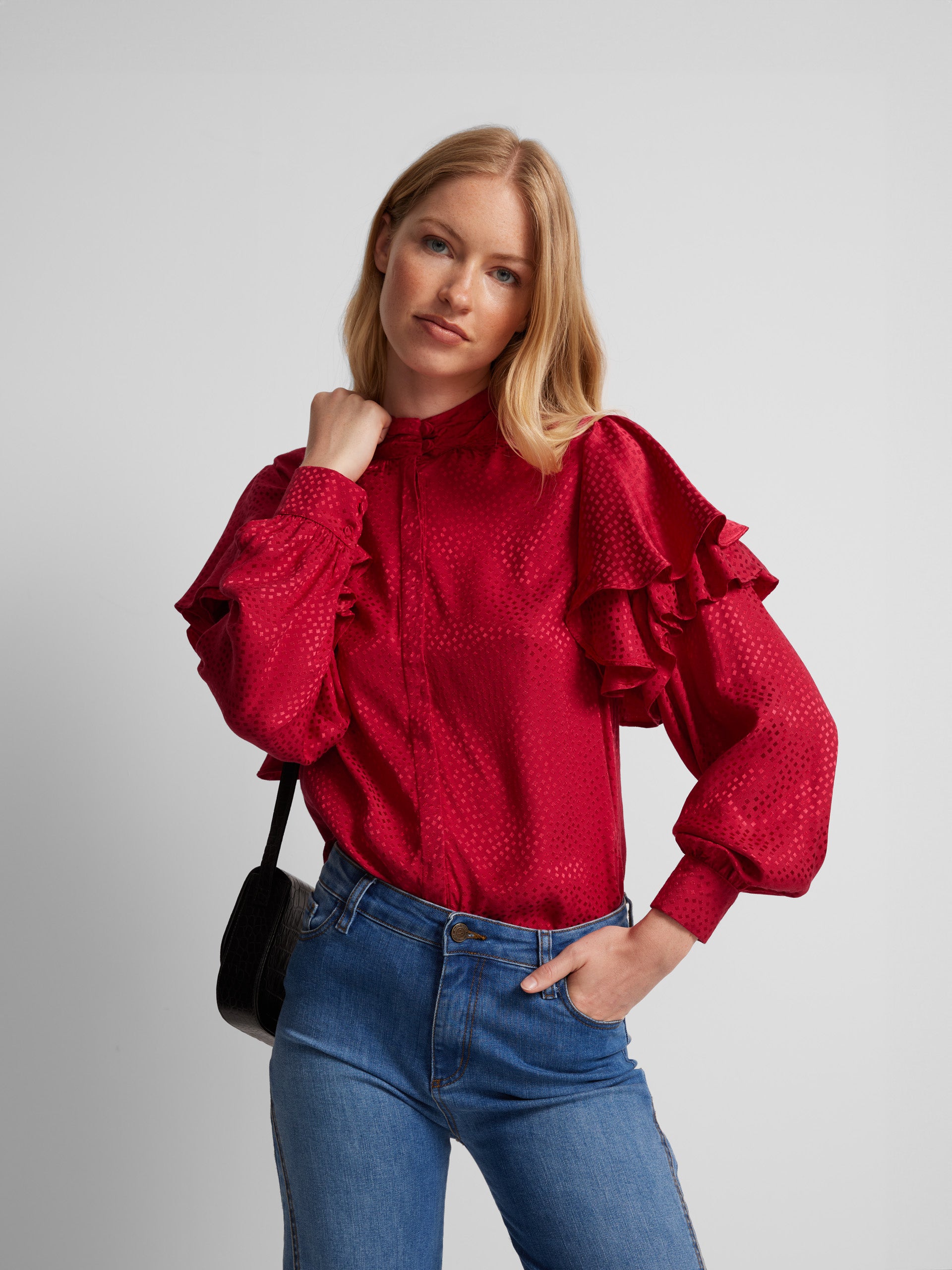 Blouse à volants en jacquard rouge