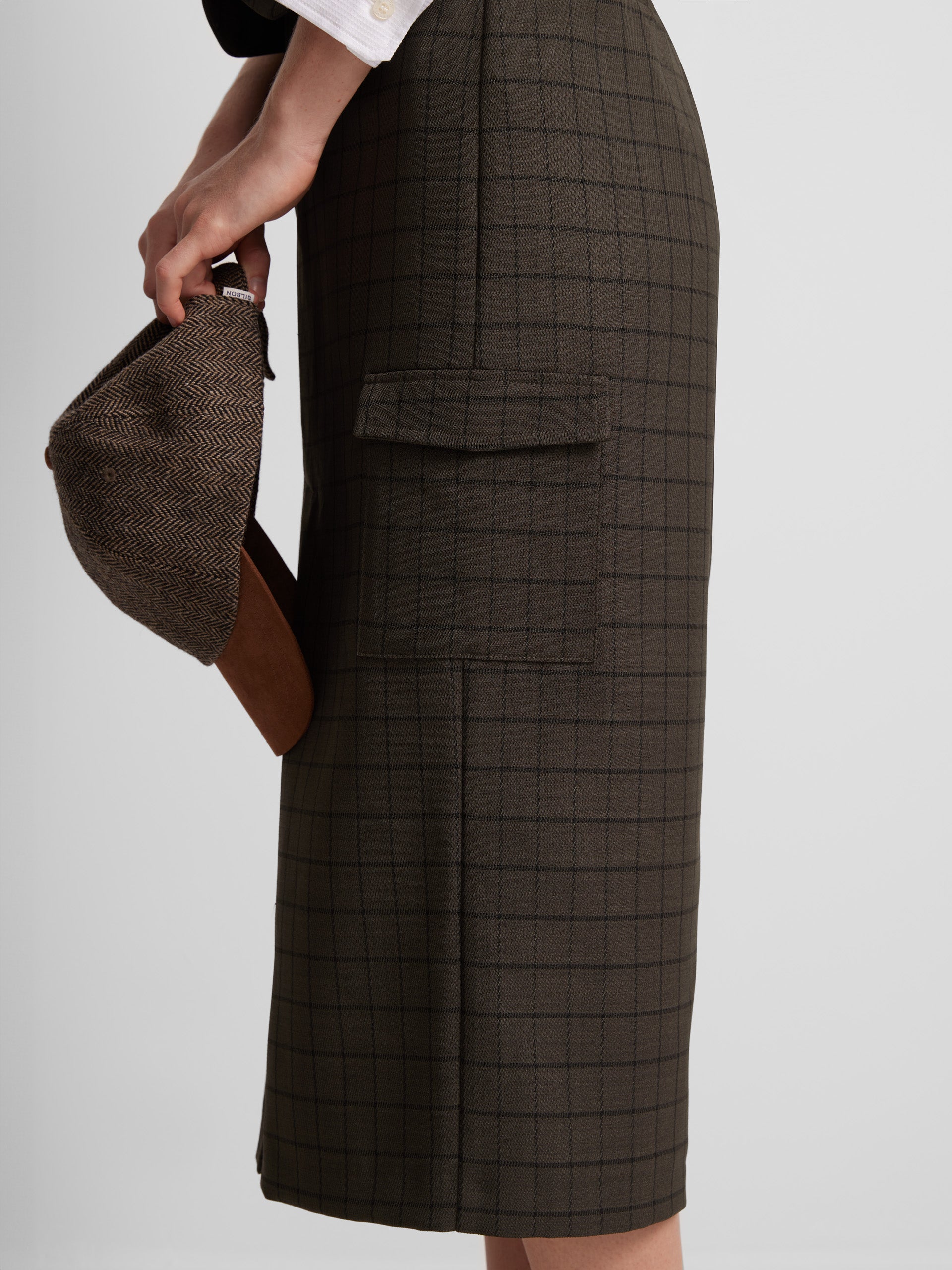 Long green checkered cargo skirt