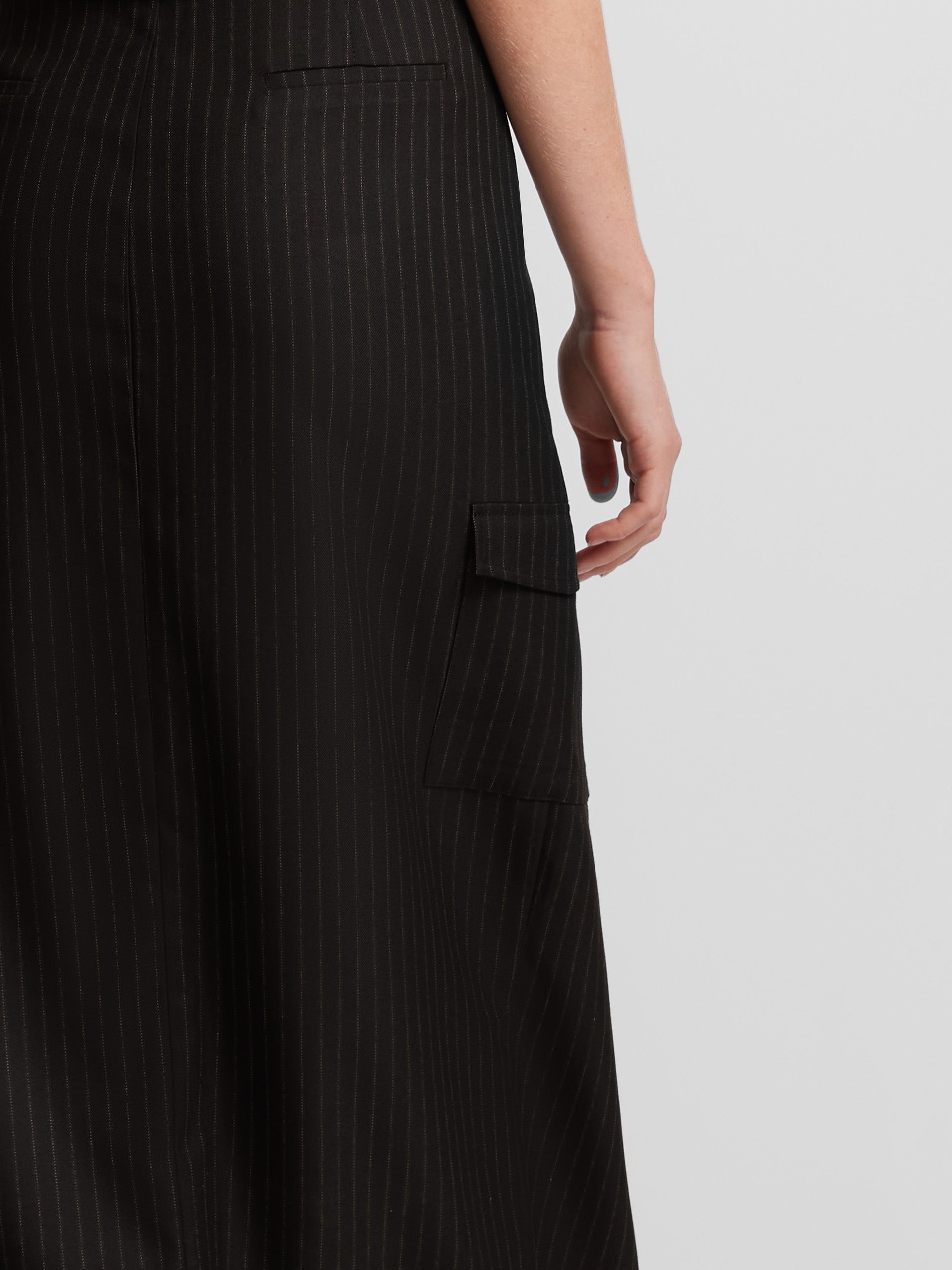 Long gray diplomatic stripe cargo skirt