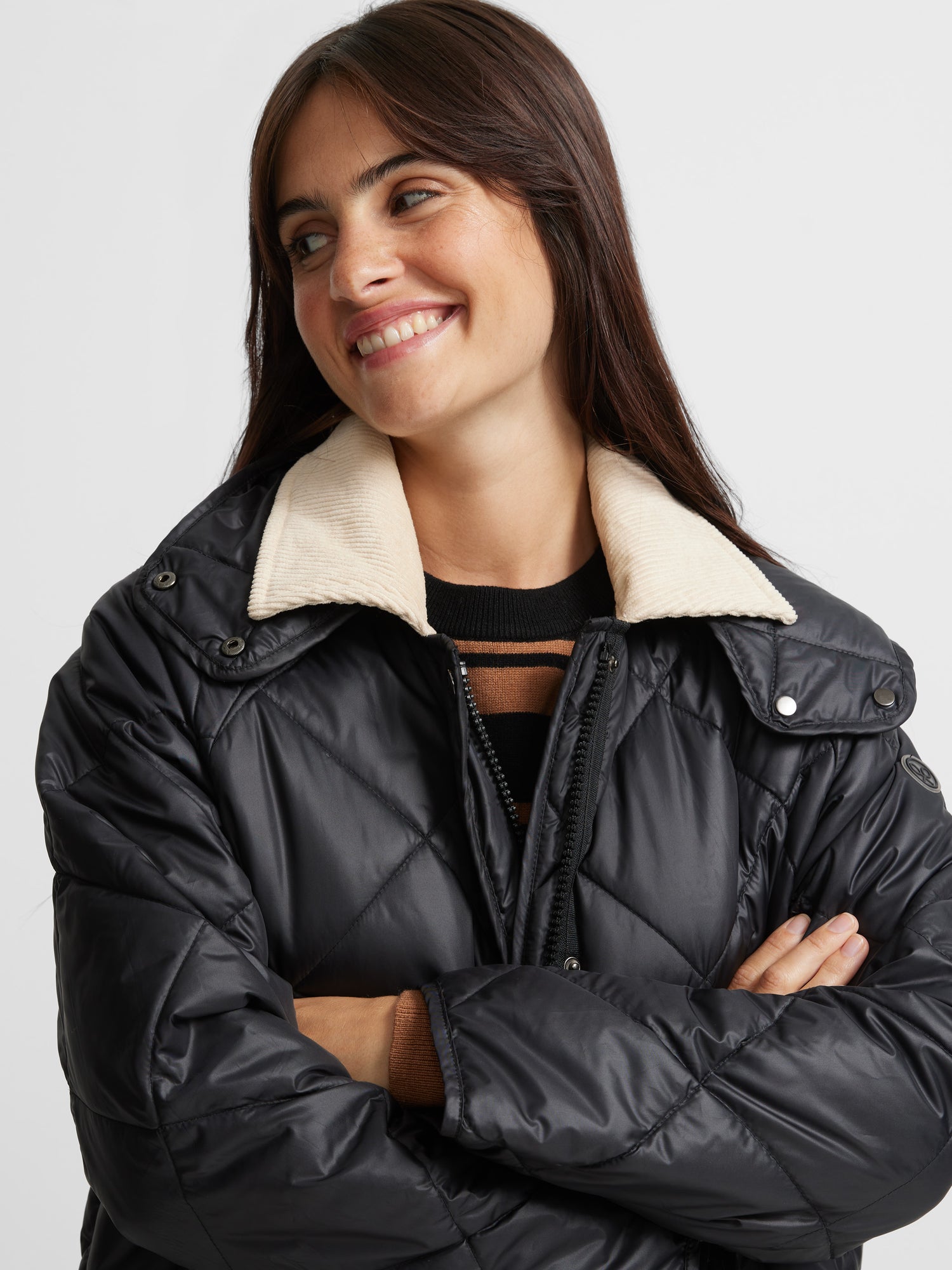 Long padded parka with black corduroy details