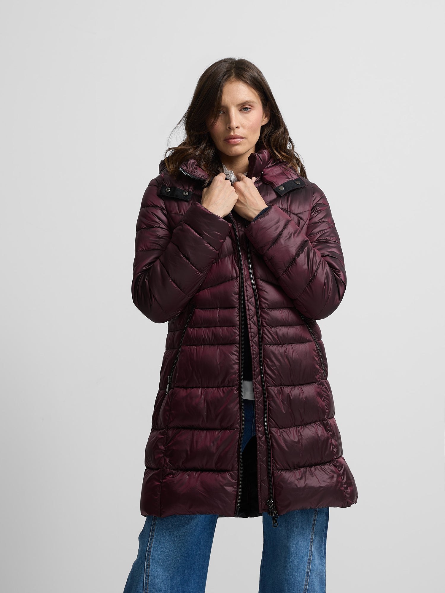 Long burgundy padded parka