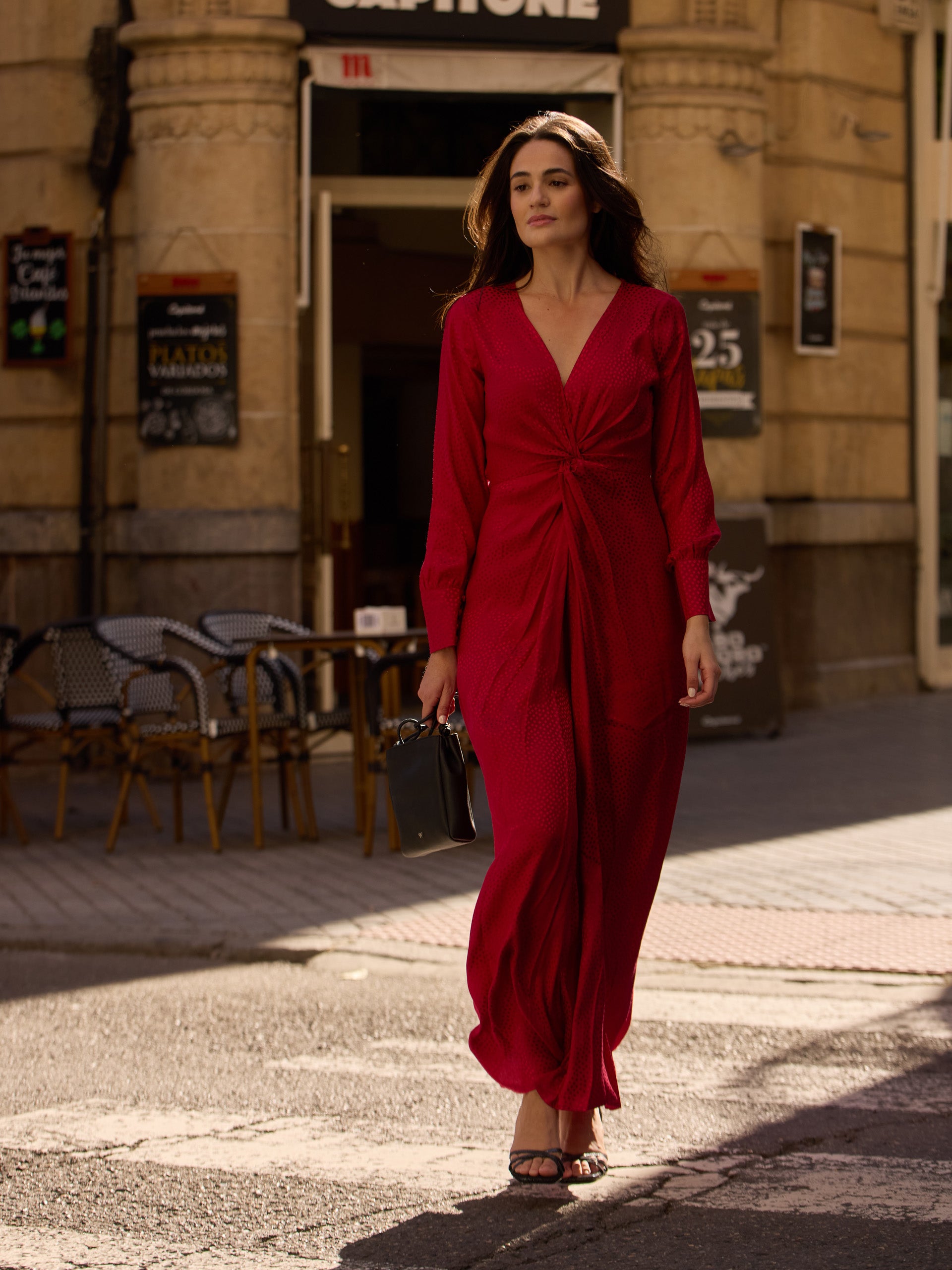 Red jacquard knot long dress