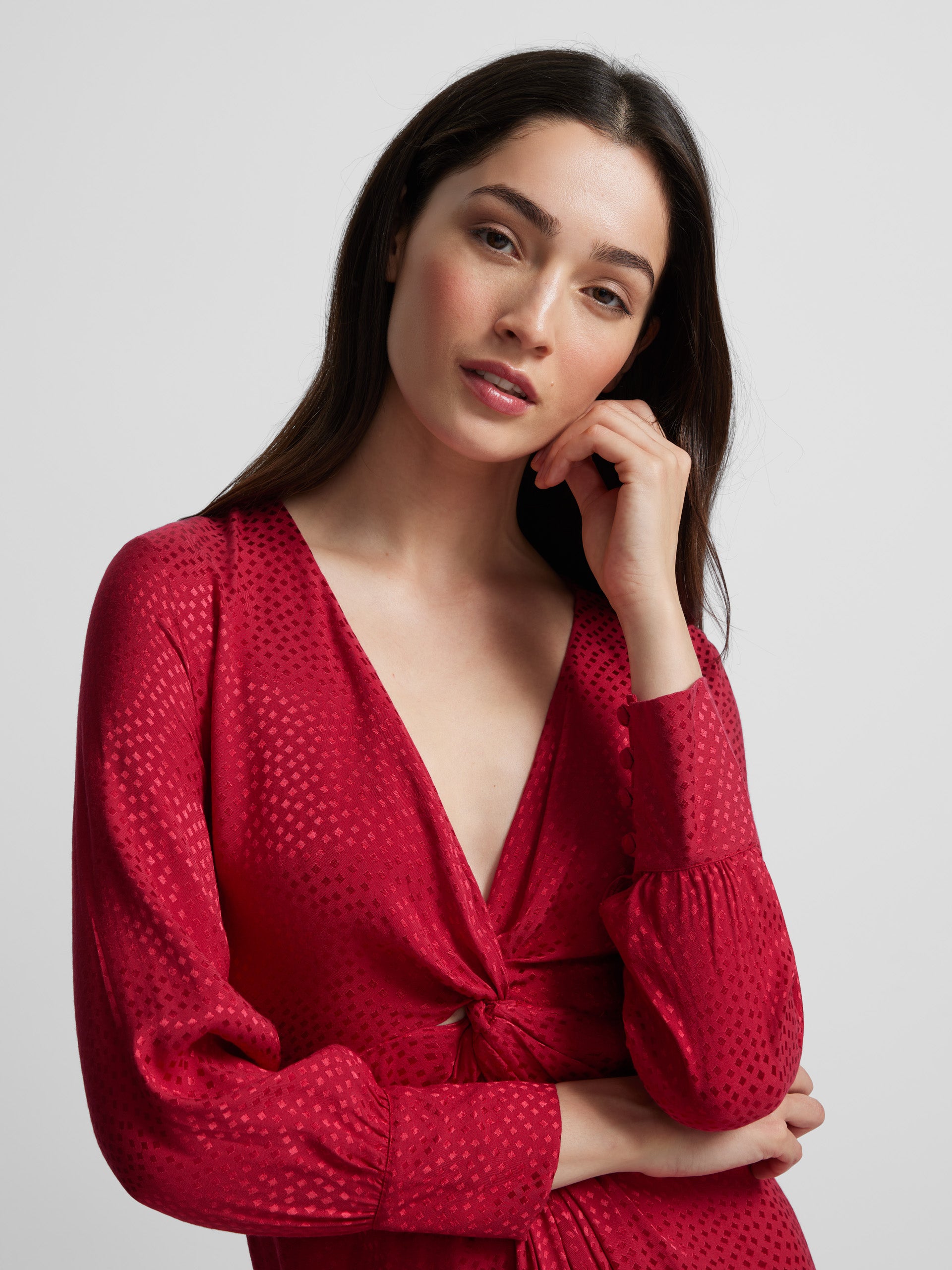 Robe longue noeud jacquard rouge